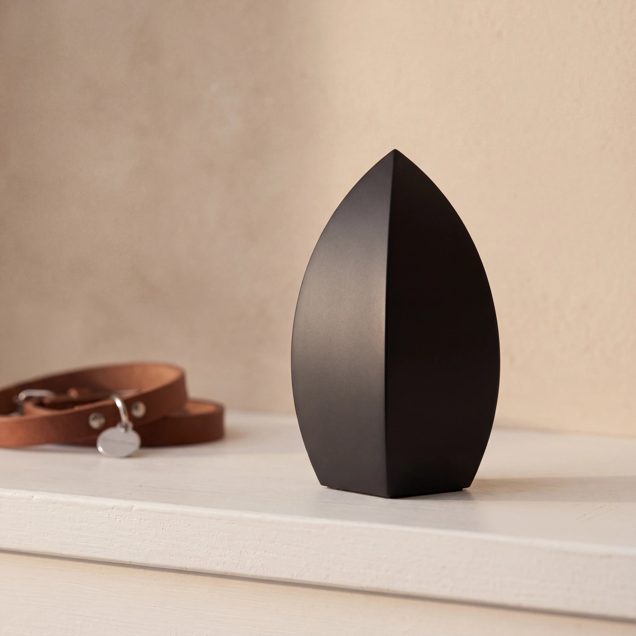 Drop-Pet-Urn-for-Ashes-in-Matte-Black-Stainless-Steel-pet_collar_ledge