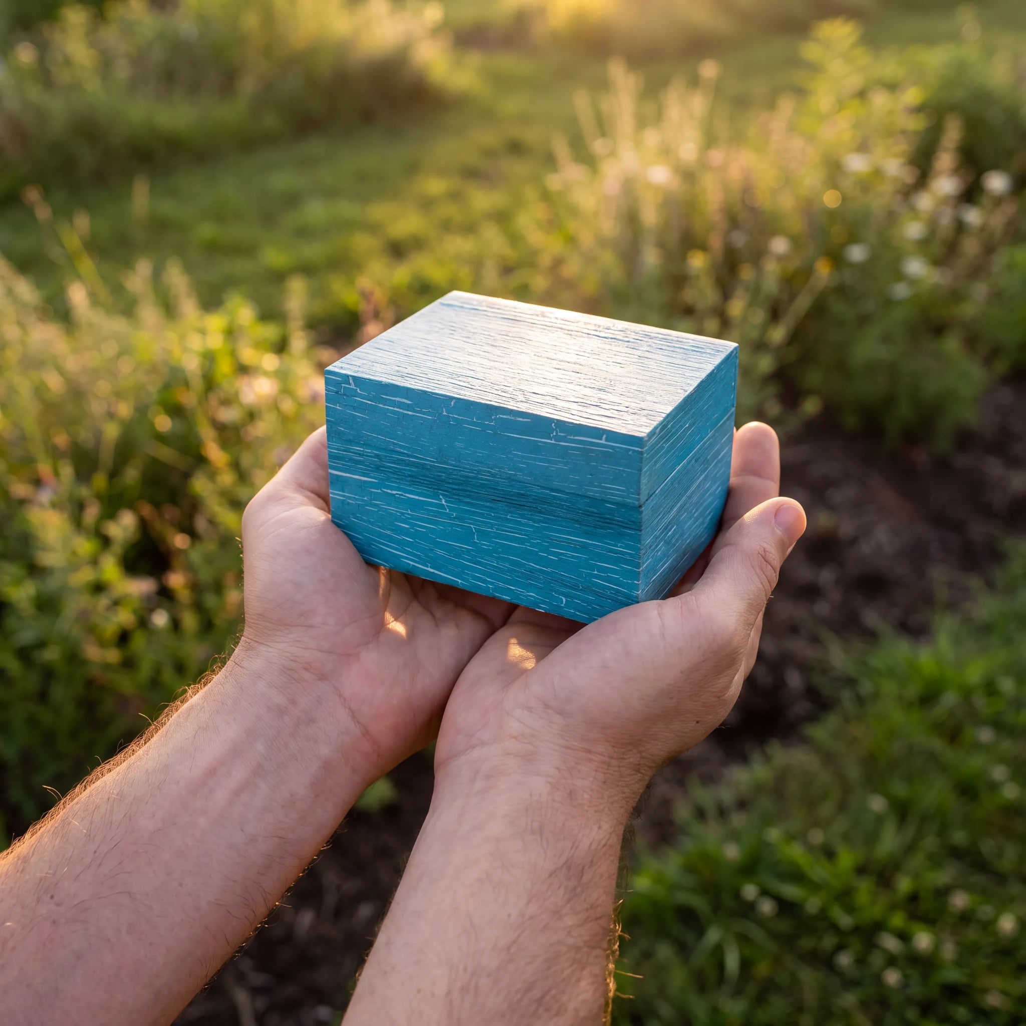 EarthUrn Chest Biodegradable Urn for Ashes in Antique Turquoise Blue - Small