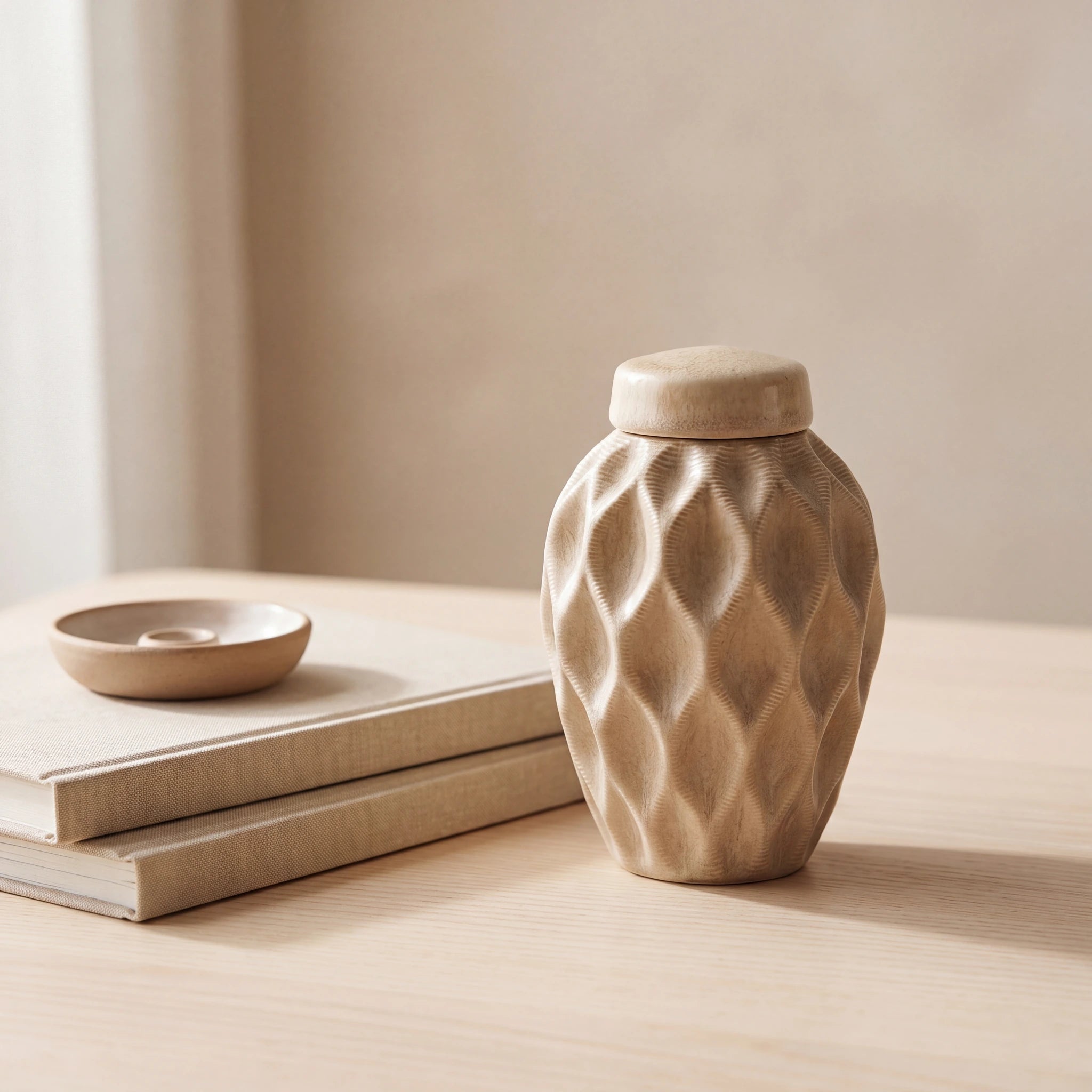 Echo-Keepsake-Urn-for-Ashes-in-Light-Sand-keepsake_books_dish-Left-Angle
