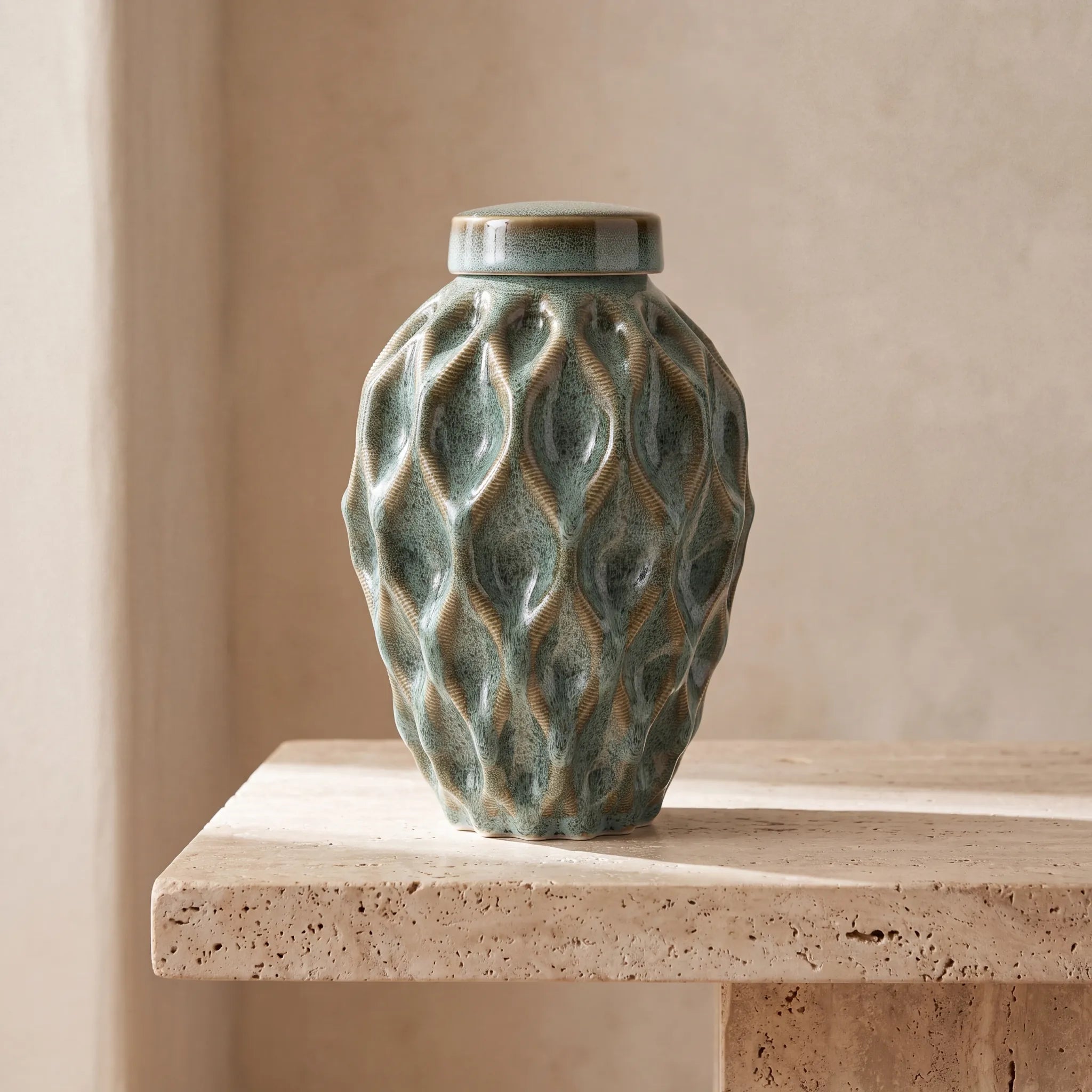 Echo-Medium-Urn-for-Ashes-in-Oily-Green-Travertine-Ledge