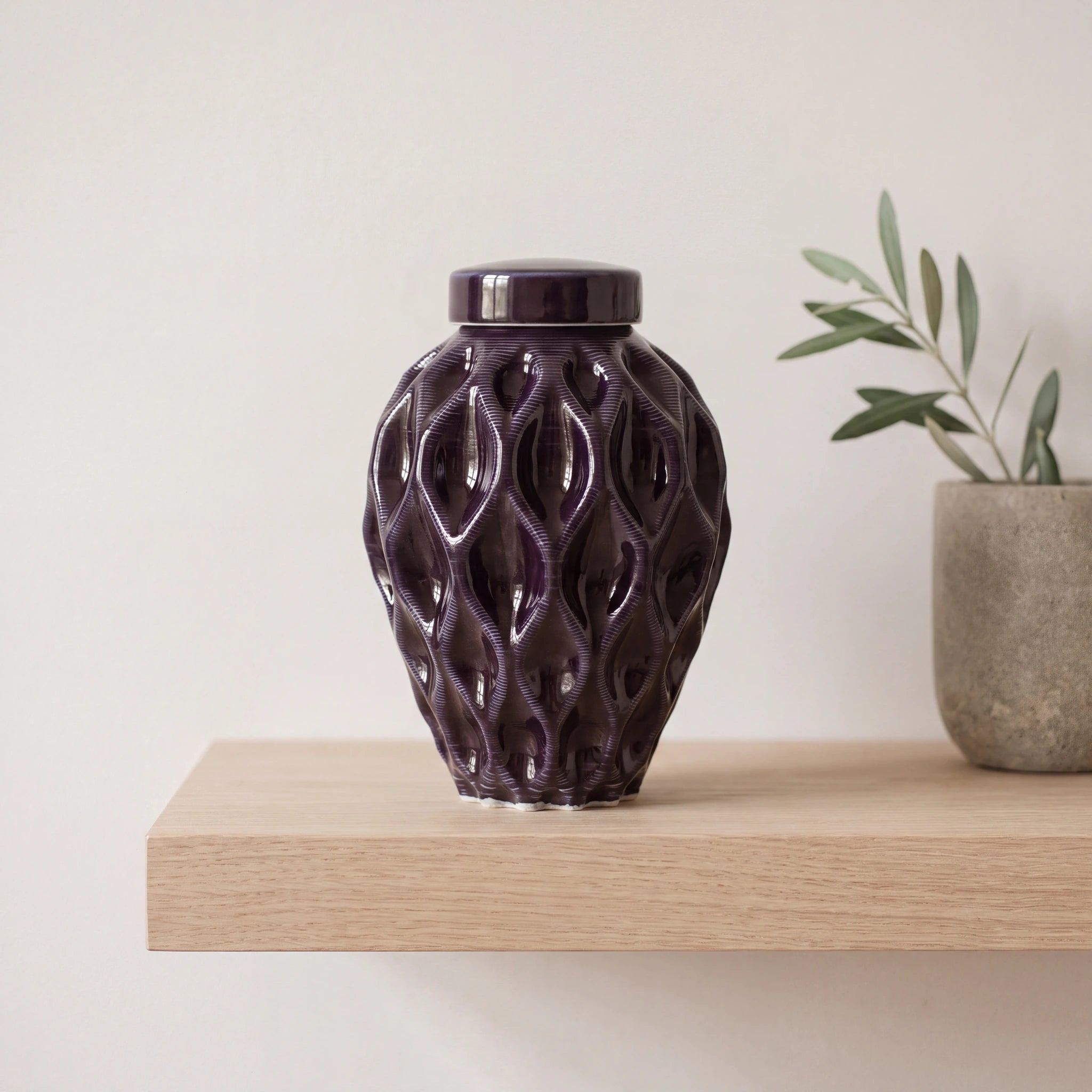 Echo-Medium-Urn-for-Ashes-in-Purple-Oak-Shelf
