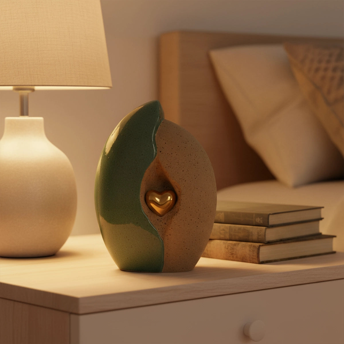 Embrace Heart Cremation Urn for Ashes in Fern Green and Sand
