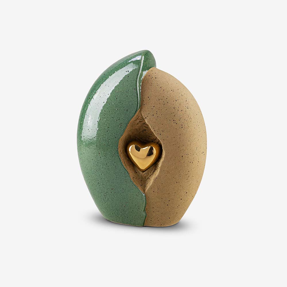 Embrace Heart Medium Urn for Ashes in Fern Green and Sand