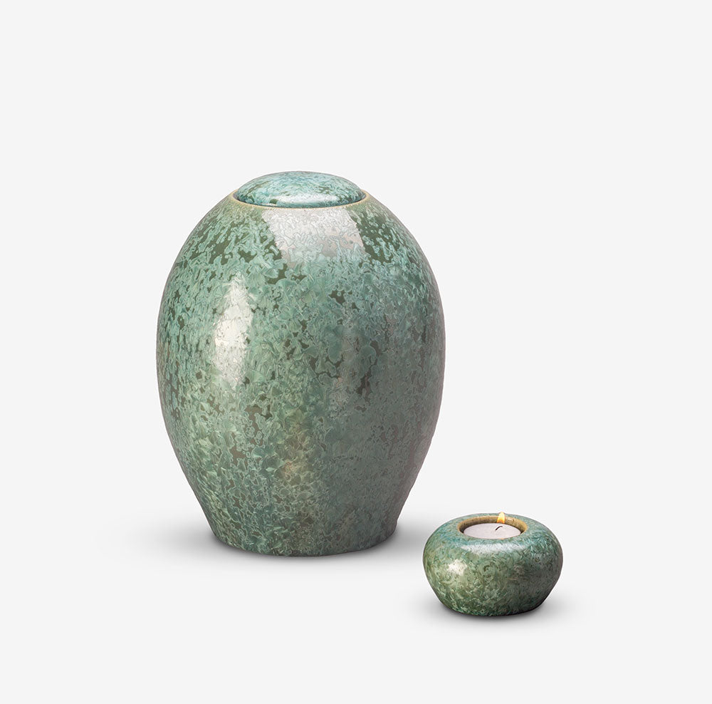 Emerald Green Crystalline Glazed Keepsake Urn for Ashes Set