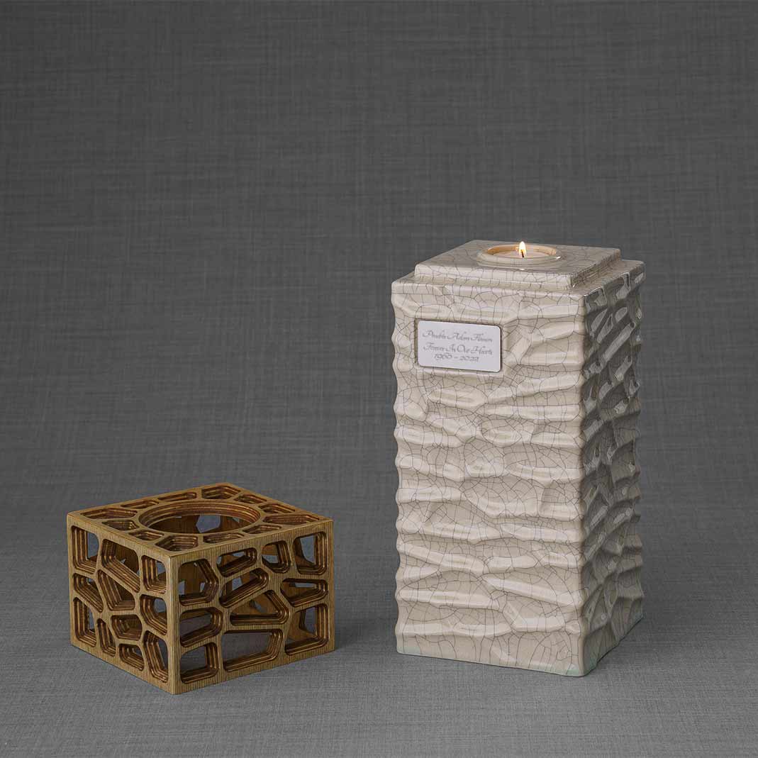 Eternal Lantern Candle Adult Cremation Urn for Ashes Crackle Glaze Front Left with Lid Off
