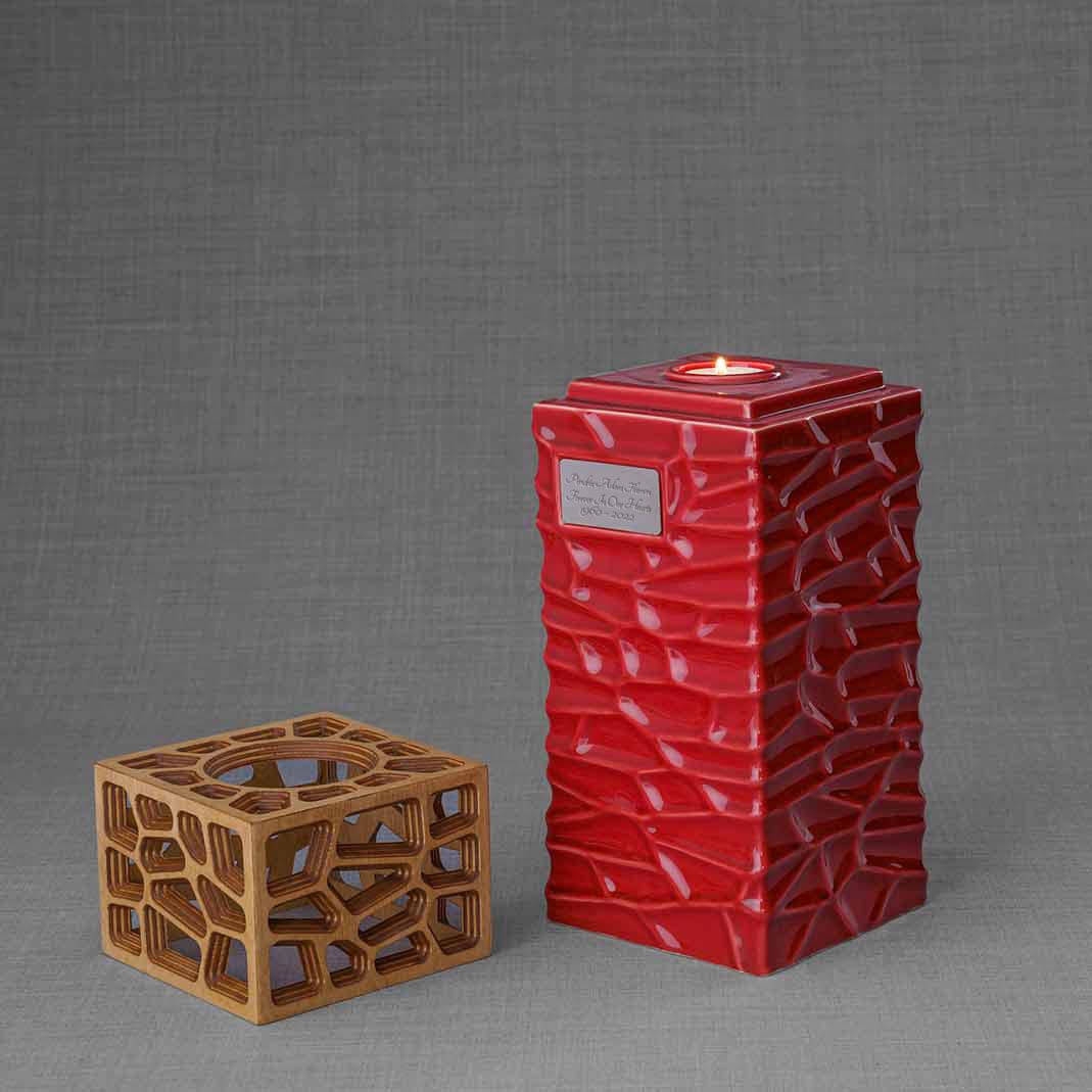 Eternal Lantern Candle Adult Cremation Urn for Ashes Red Left With Lid Off