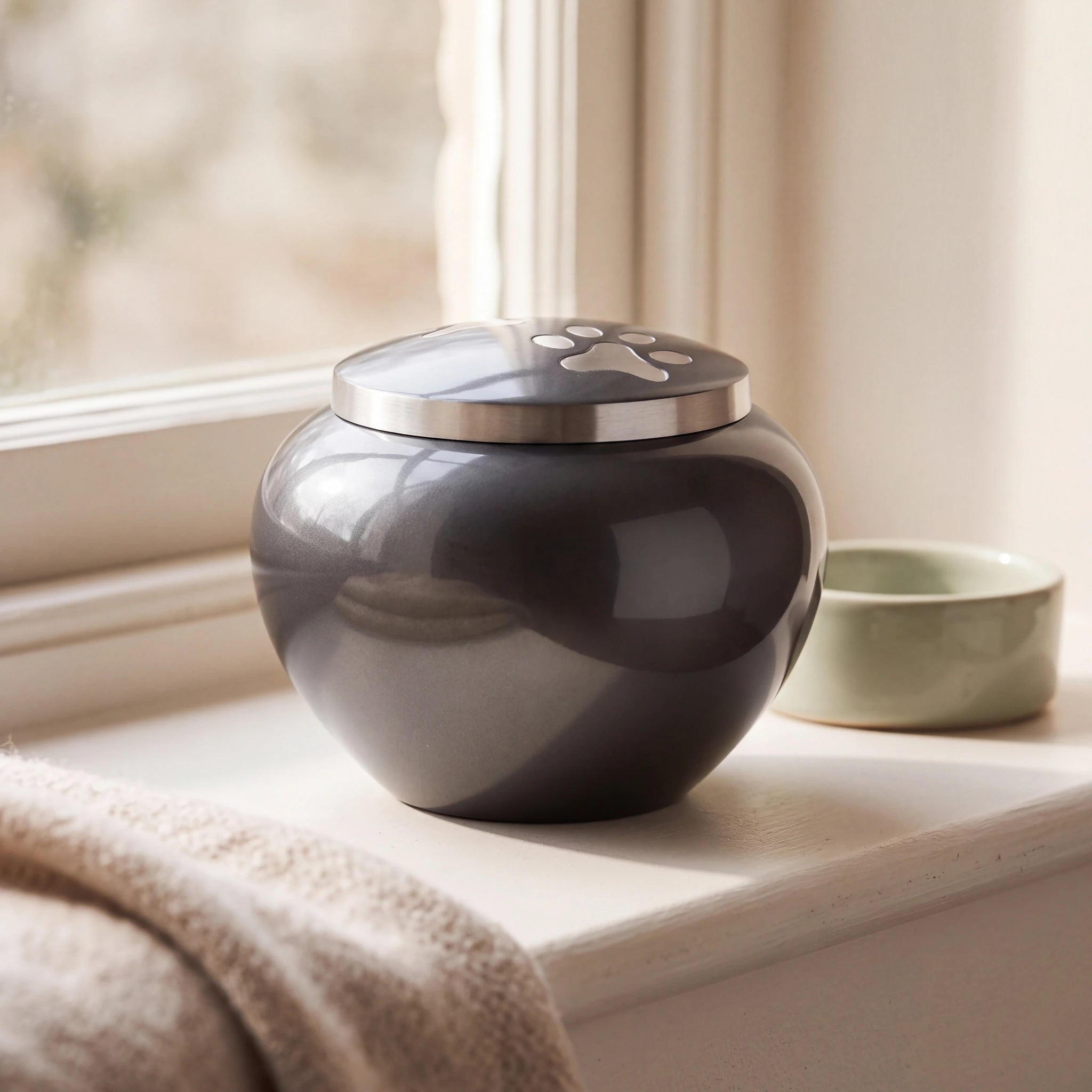 Eternal-Pawprints-Pet-Urn-for-Ashes-in-Graphite-Silver-Large-pet_sunny_sill