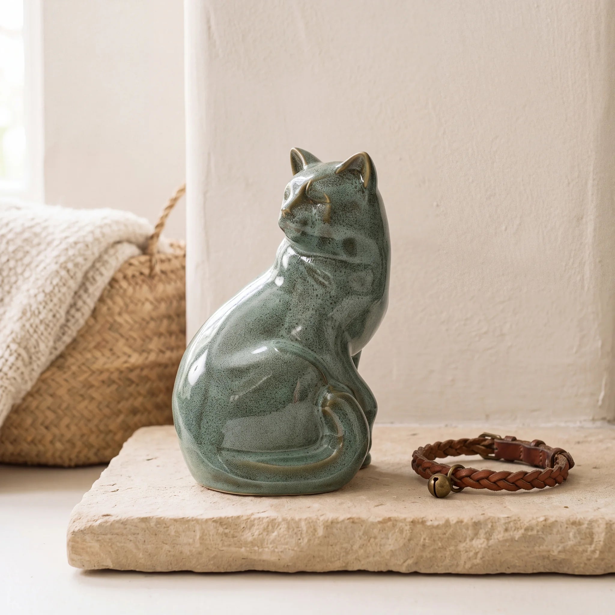 Felix-Cat-Urn-for-Ashes-in-Oily-Green-pet_hearth_basket