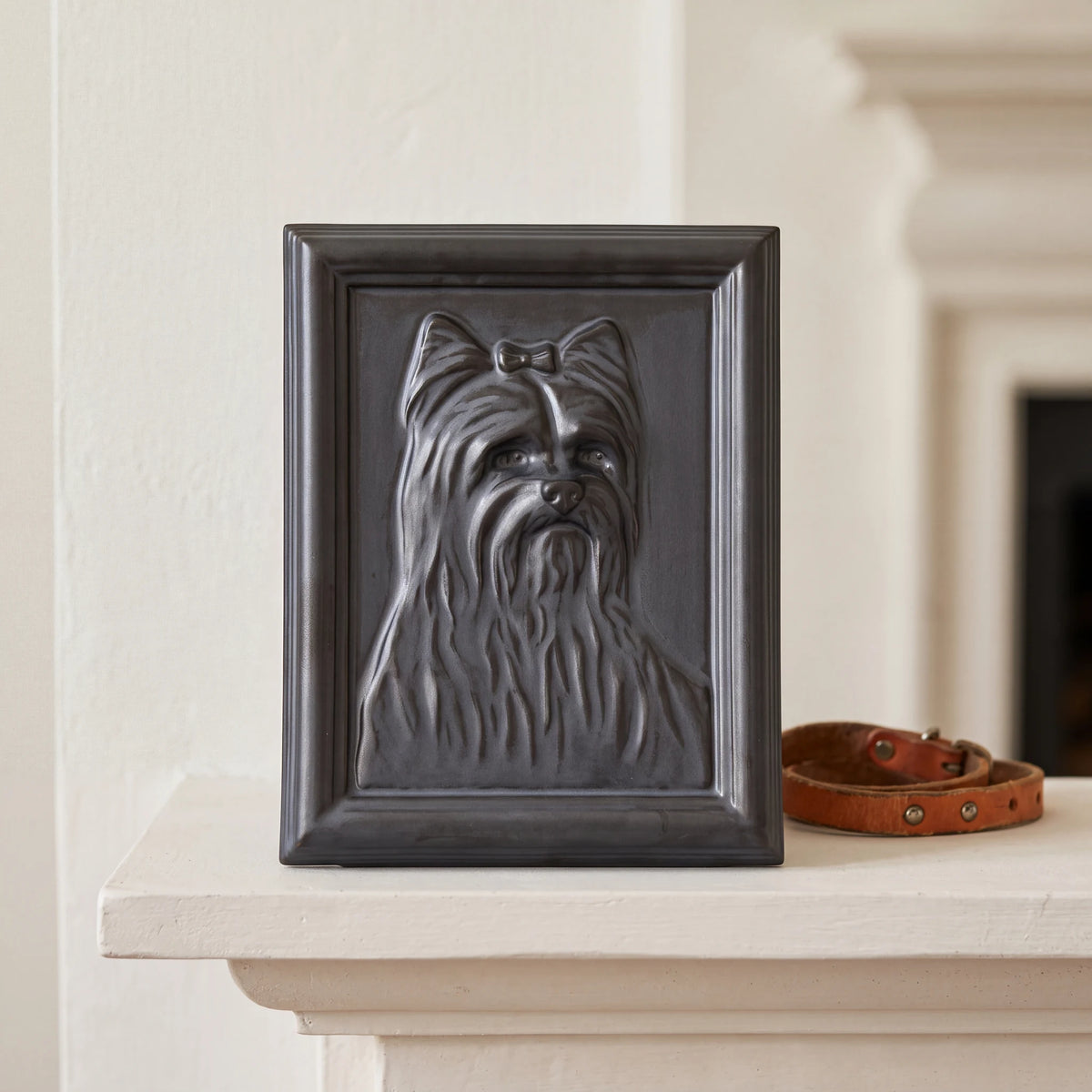Female-Yorkie-Portrait-Dog-Urn-for-Ashes-in-Matte-Black-On-the-Mantelpiece