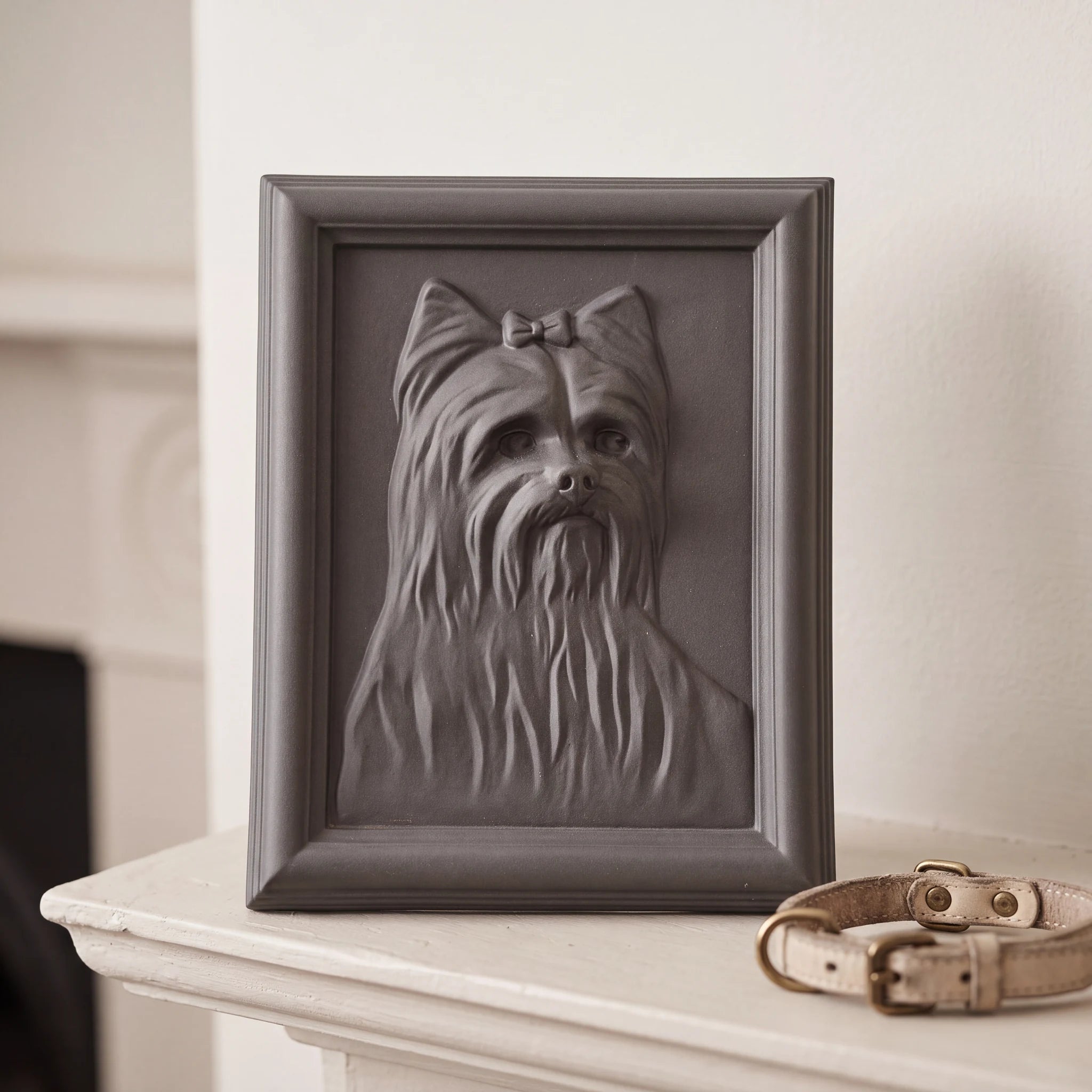 Female-Yorkie-Portrait-Dog-Urn-for-Ashes-in-Matte-Grey-On-the-Mantelpiece