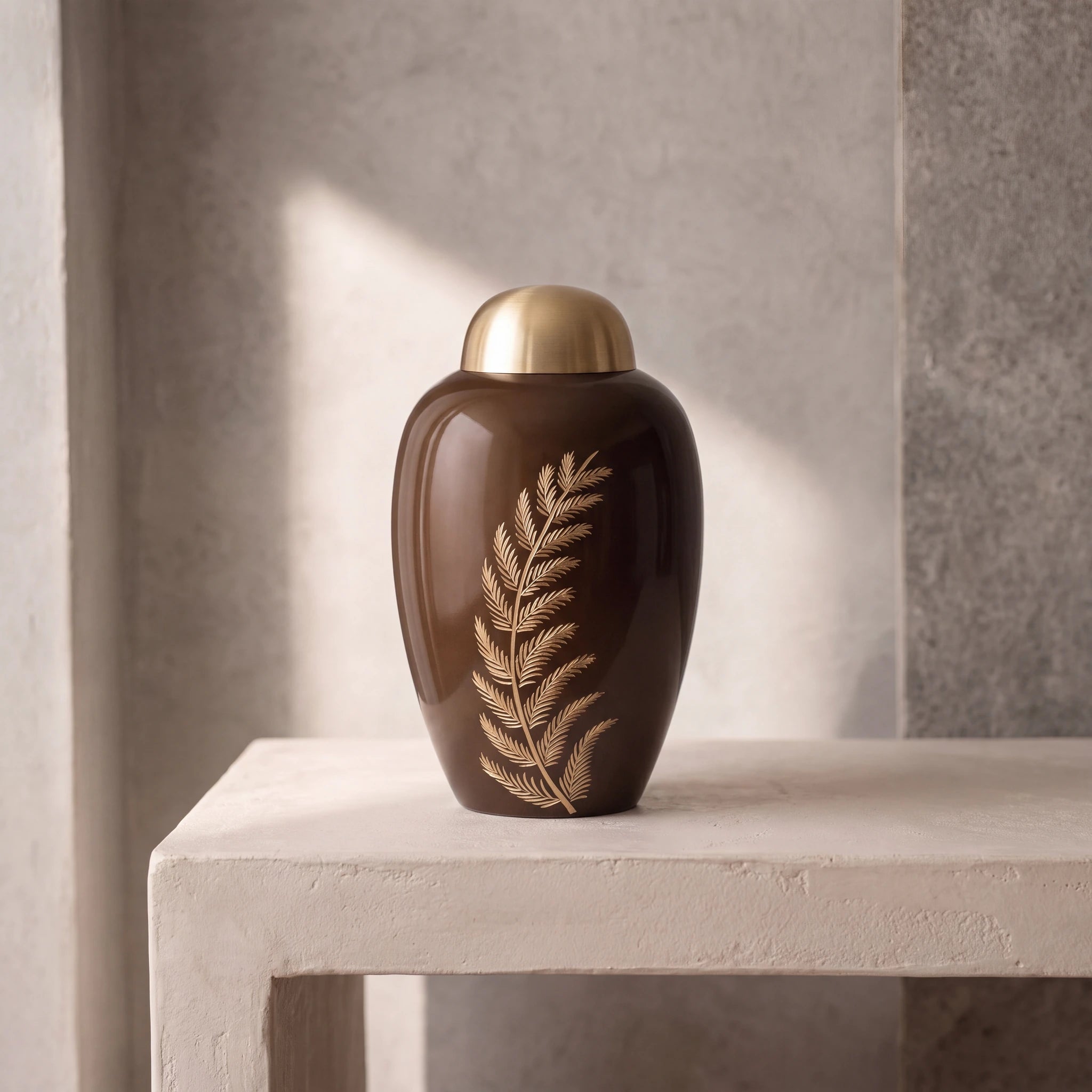 Fern Metal Adult Cremation Urn for Ashes in Brown and Gold