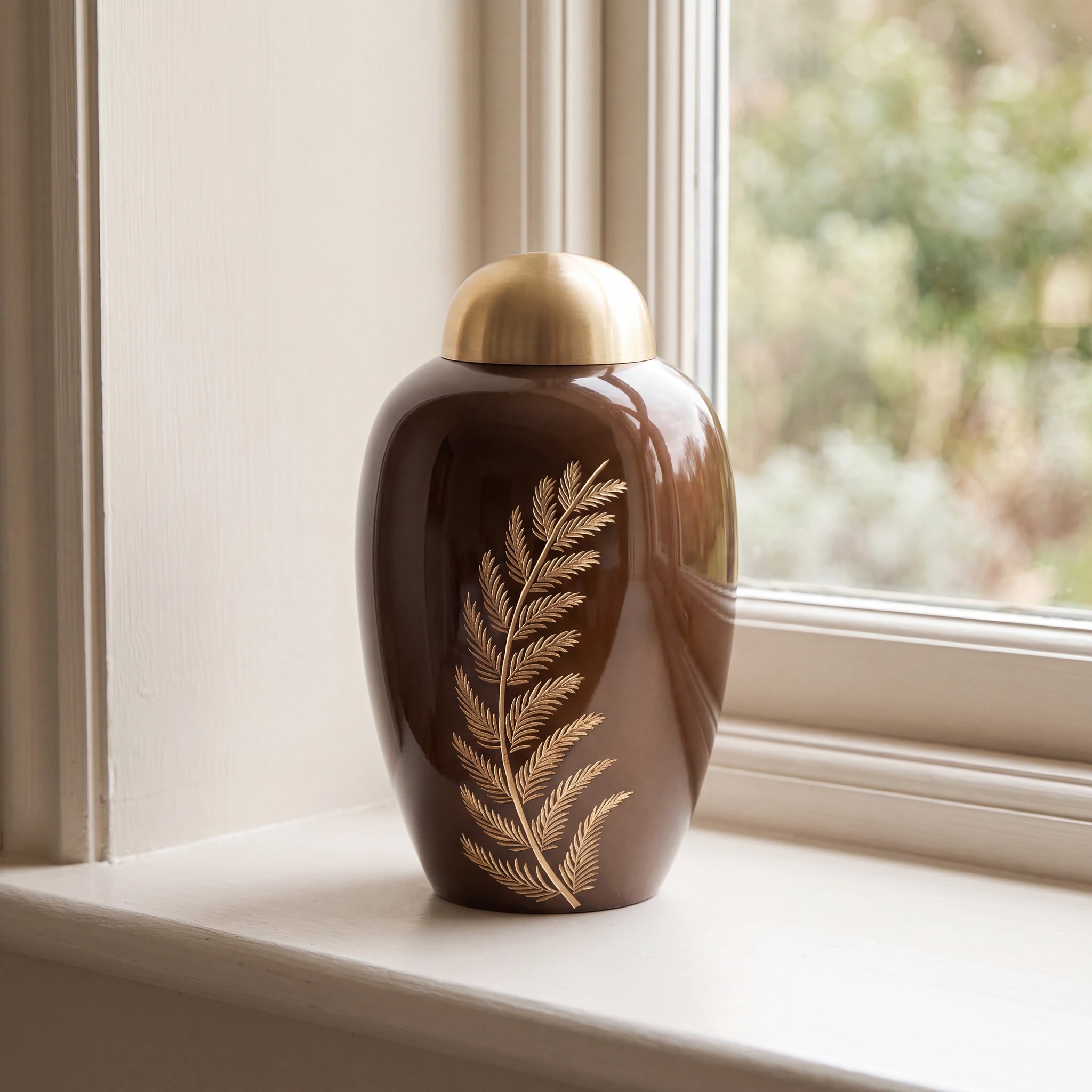 Fern Metal Adult Cremation Urn for Ashes in Brown and Gold