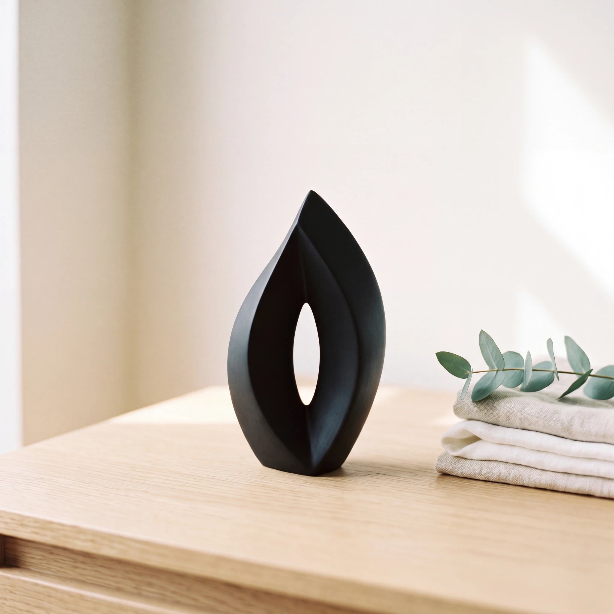 Flame-Small-Urn-for-Ashes-in-Black-Folded-Linen