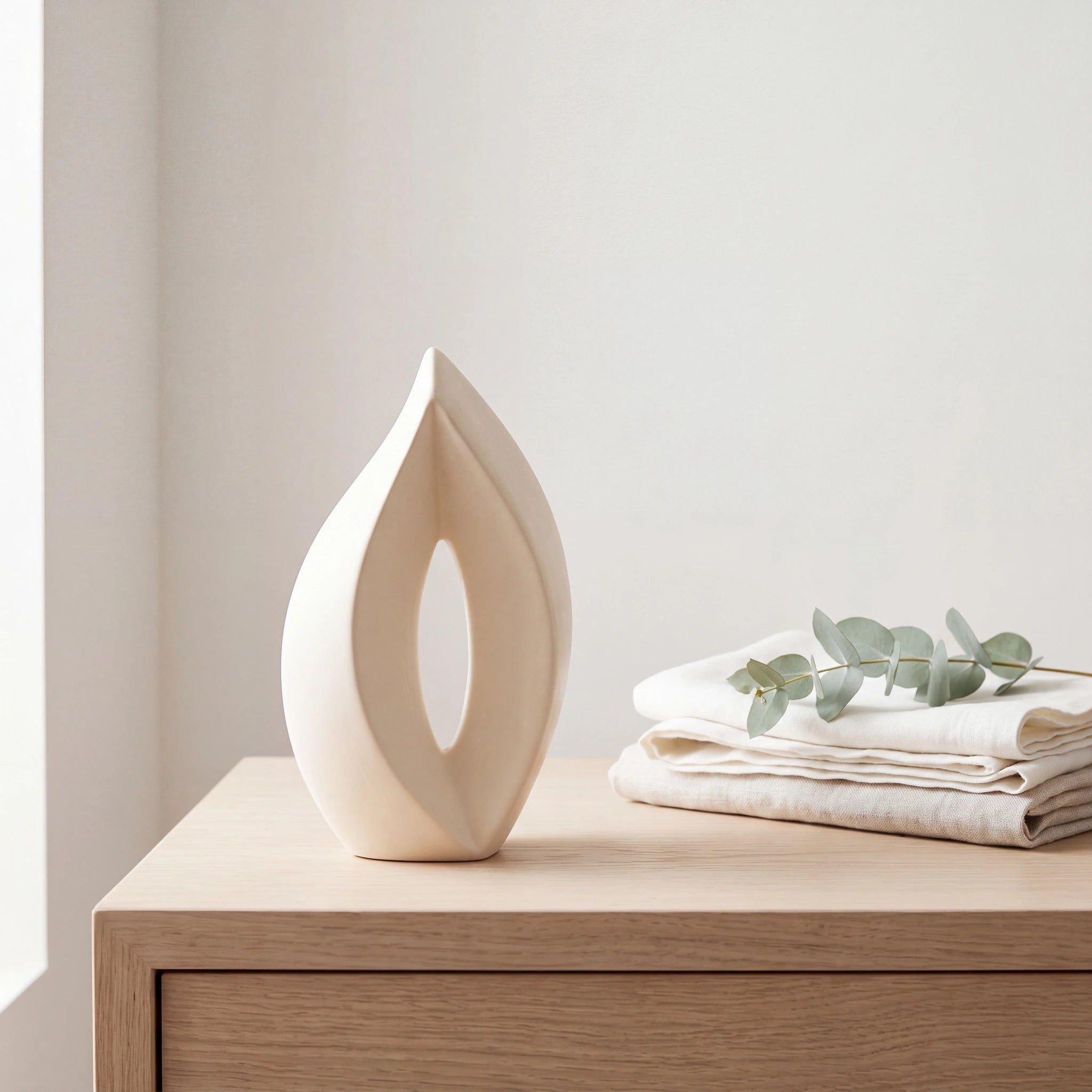 Flame-Small-Urn-for-Ashes-in-Cream-Folded-Linen