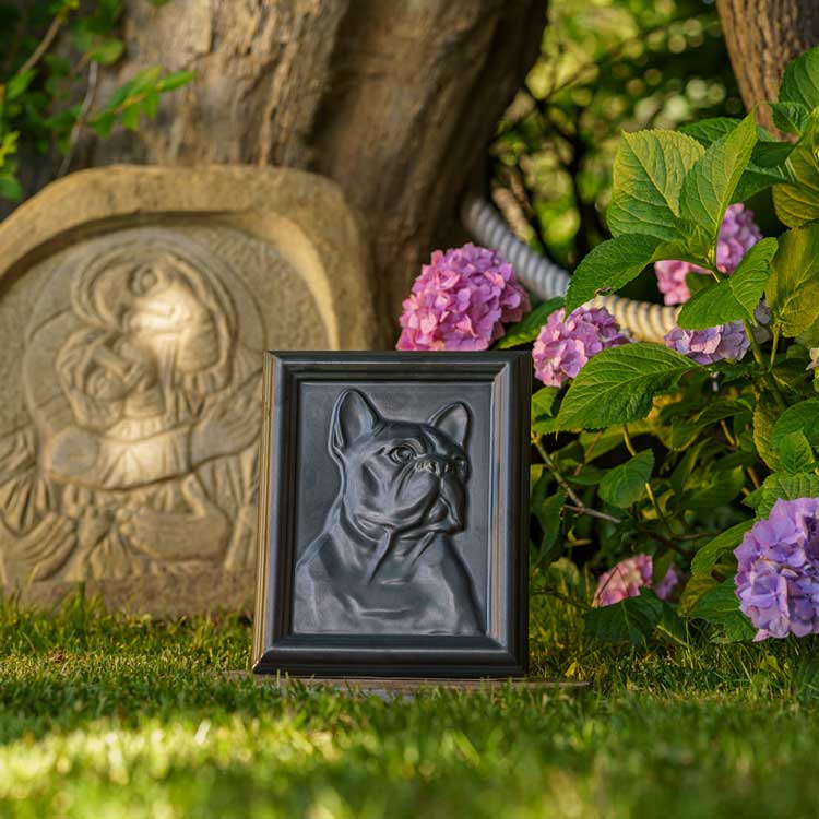 Frenchie Dog Urn For Pet Ashes Garden Matte Black Flowers Statues