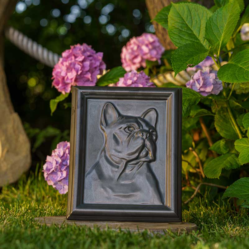 Frenchie Dog Urn For Pet Ashes Matte Black Flowers Front View Close