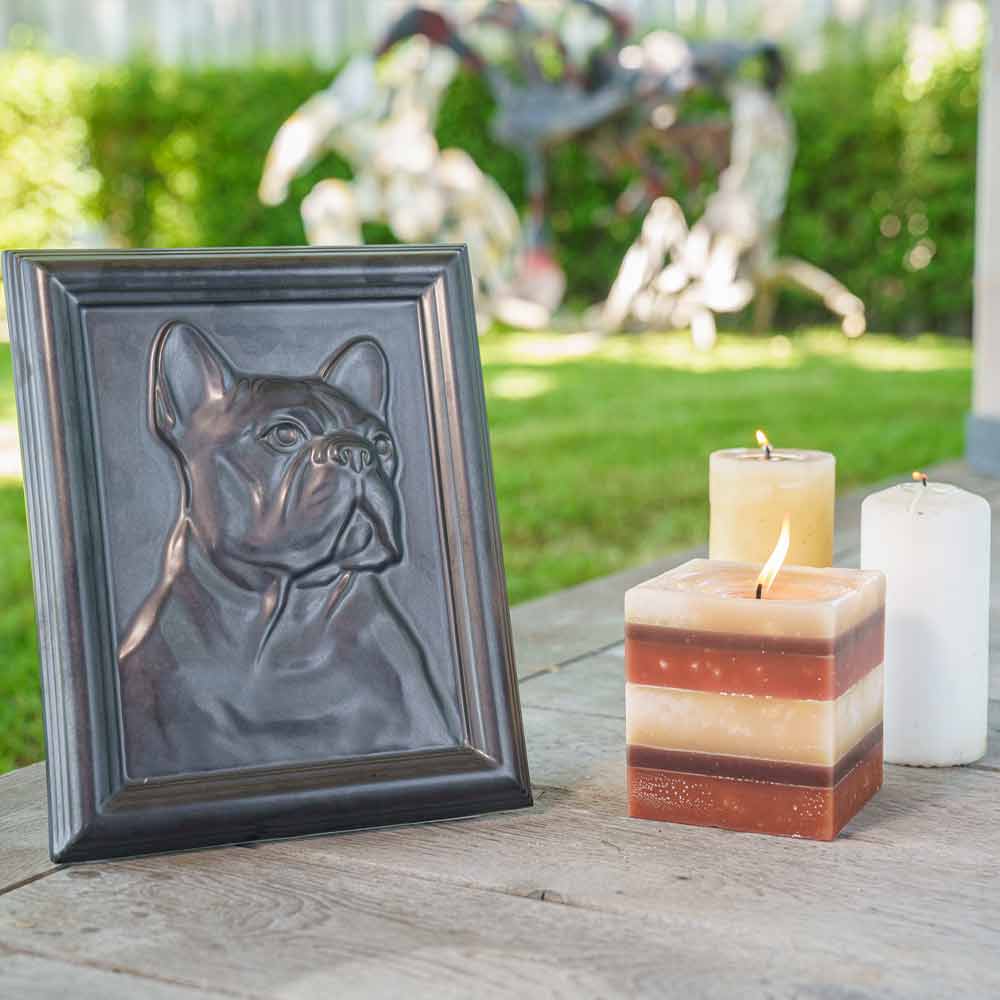 Frenchie Dog Urn For Pet Ashes Matte Black Side View With Candles