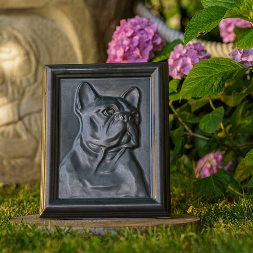 Frenchie Dog Urn For Pet Ashes Matte Black Zoomed In Flowers Garden