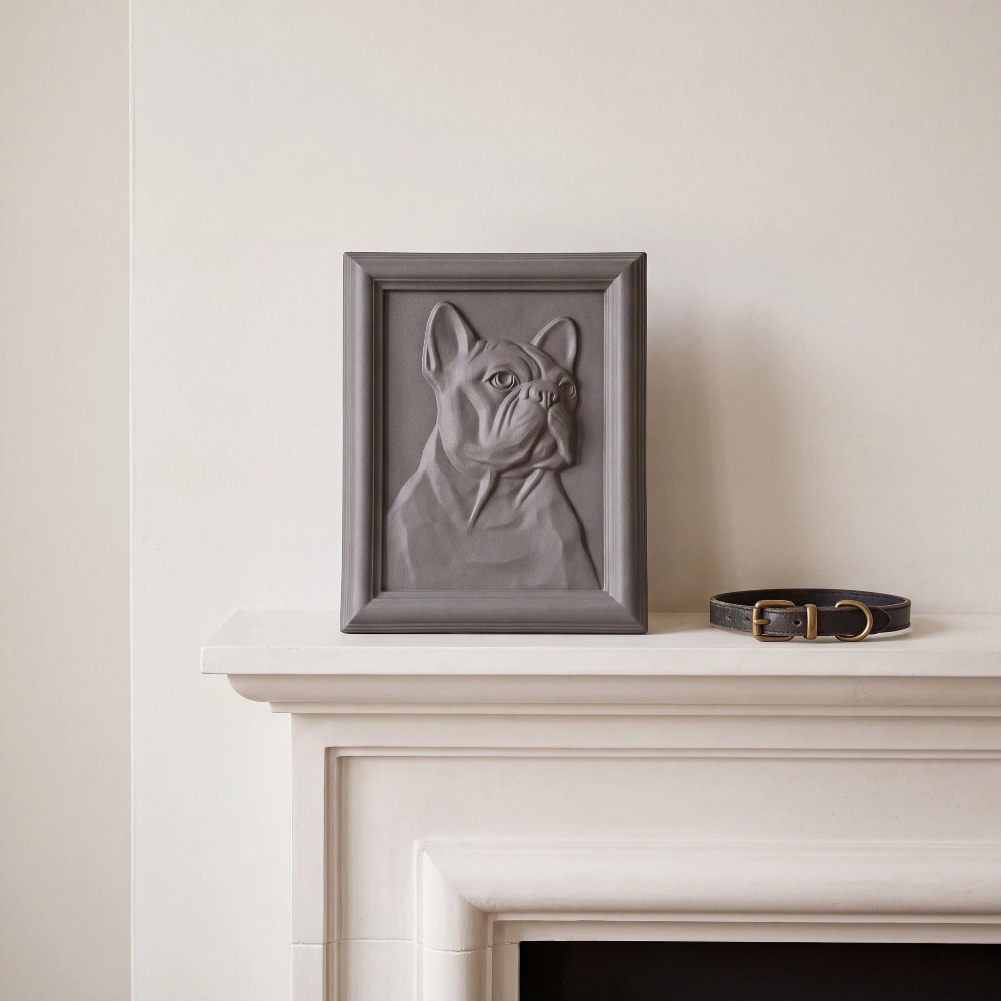 Frenchie-Portrait-Dog-Urn-for-Ashes-in-Matte-Grey-On-the-Mantelpiece