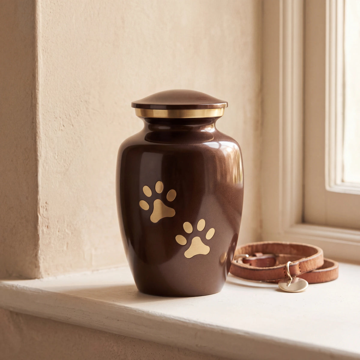 Golden-Pawprints-Pet-Urn-for-Ashes-in-Dark-Brown-Gold-Small-pet_collar_ledge