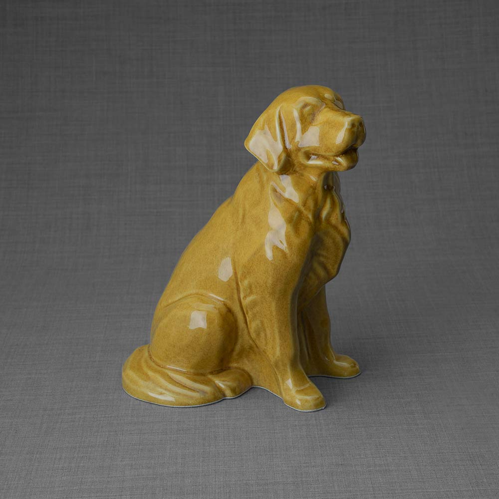 Golden Retriever Pet Urn for Ashes in Gold Front Right