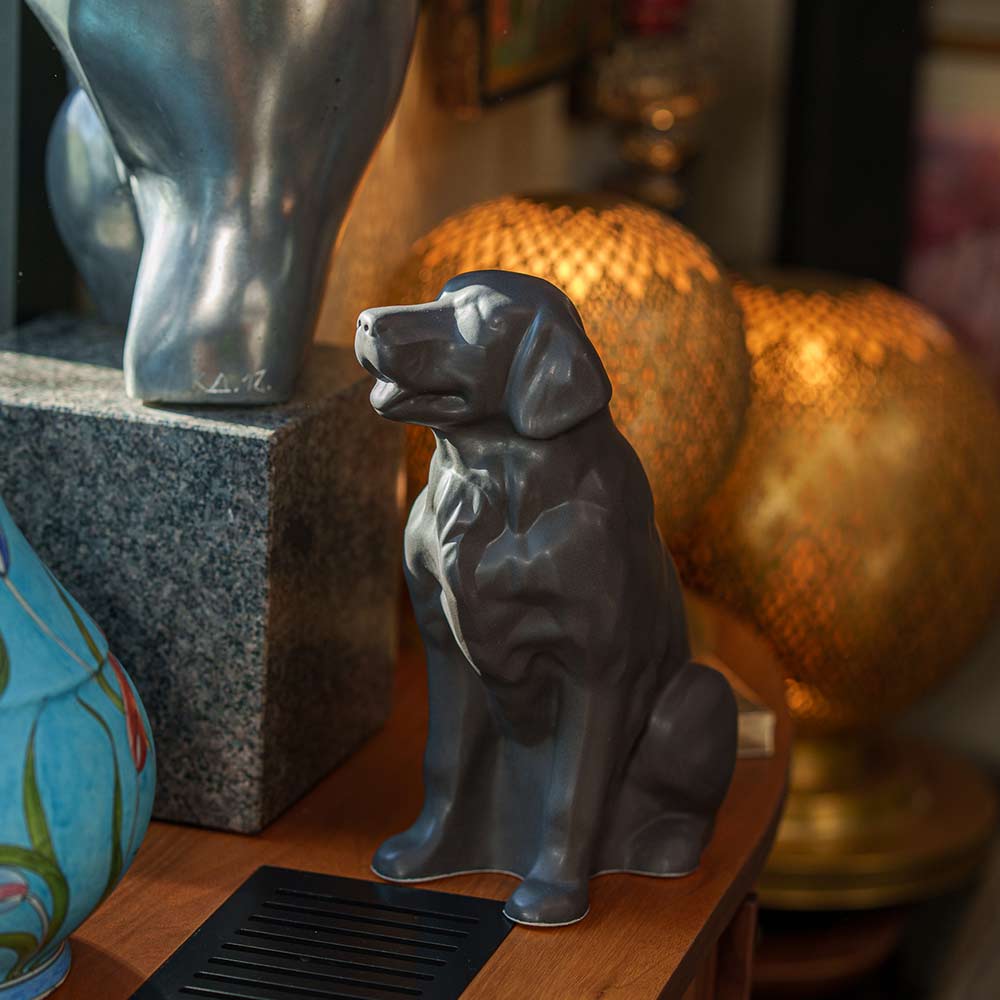 Golden Retriever Pet Urn for Ashes in Matte Grey on Shelf Left Facing