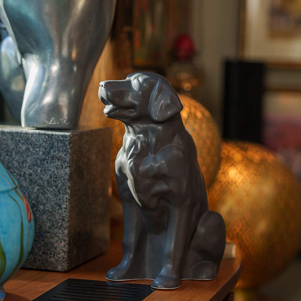 Golden Retriever Pet Urn for Ashes in Matte Grey on Shelf Looking Out