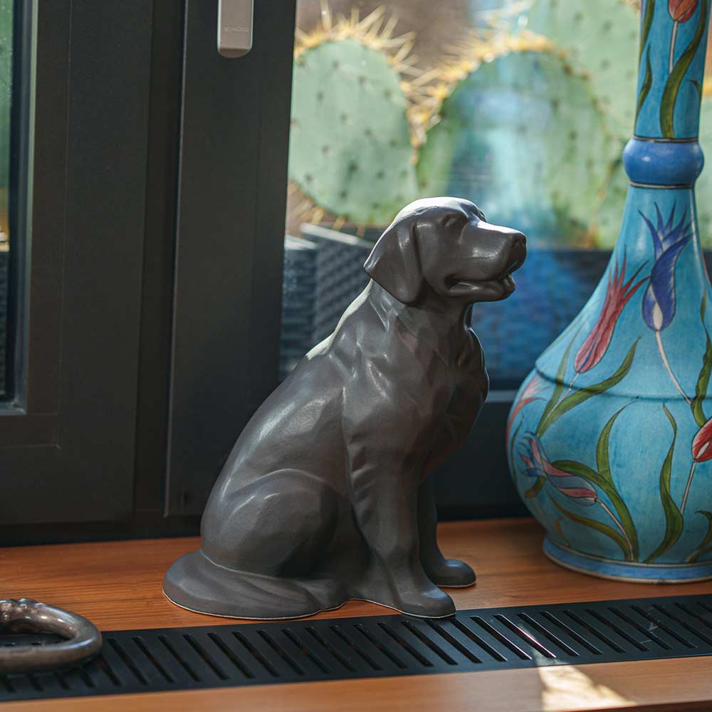 Golden Retriever Pet Urn for Ashes in Matte Grey on Shelf Vase