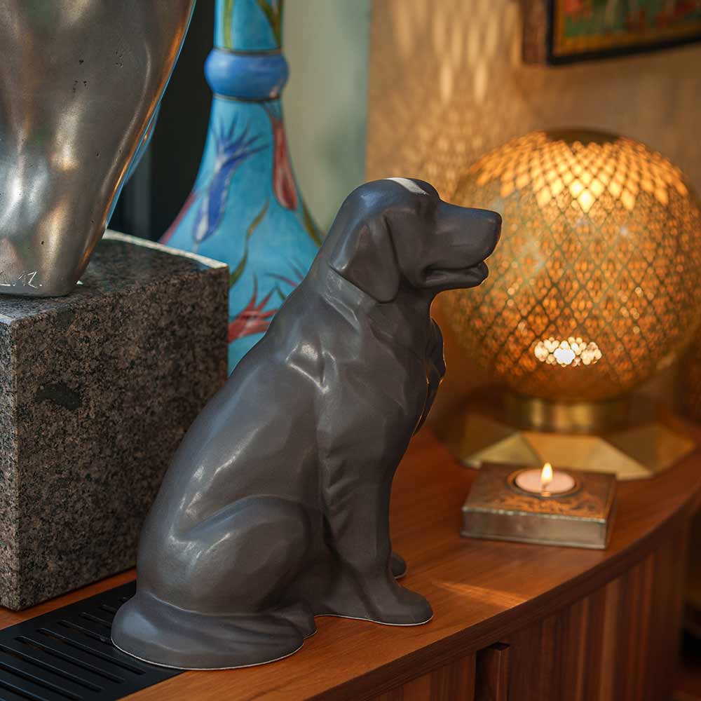Golden Retriever Pet Urn for Ashes in Matte Grey on Shelf