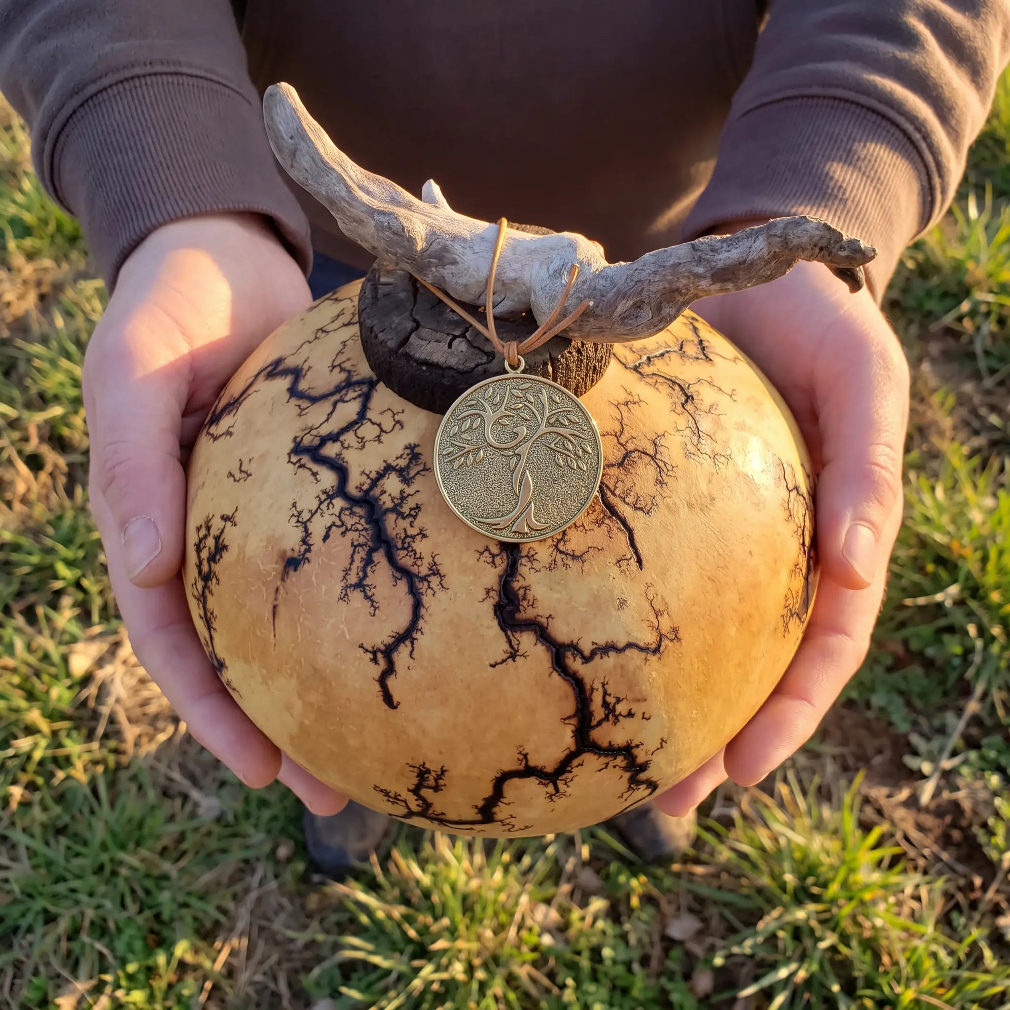 Gourd Biodegradable Urn for Ashes with Bronze Memorial Medallion - Large