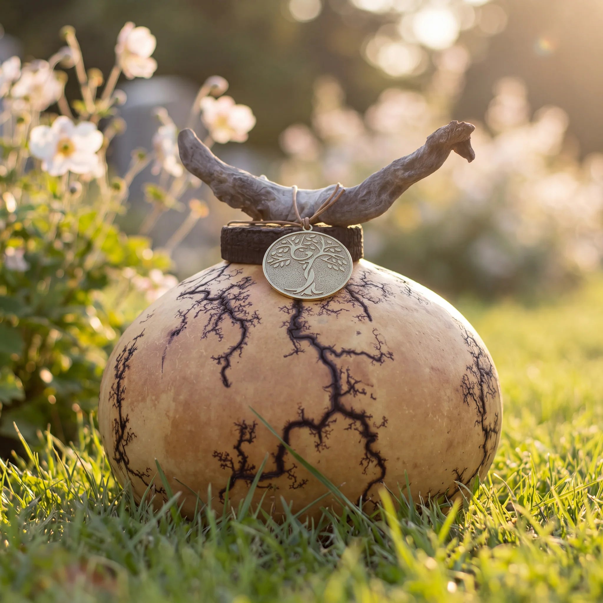 Gourd Biodegradable Urn for Ashes with Bronze Memorial Medallion - Large