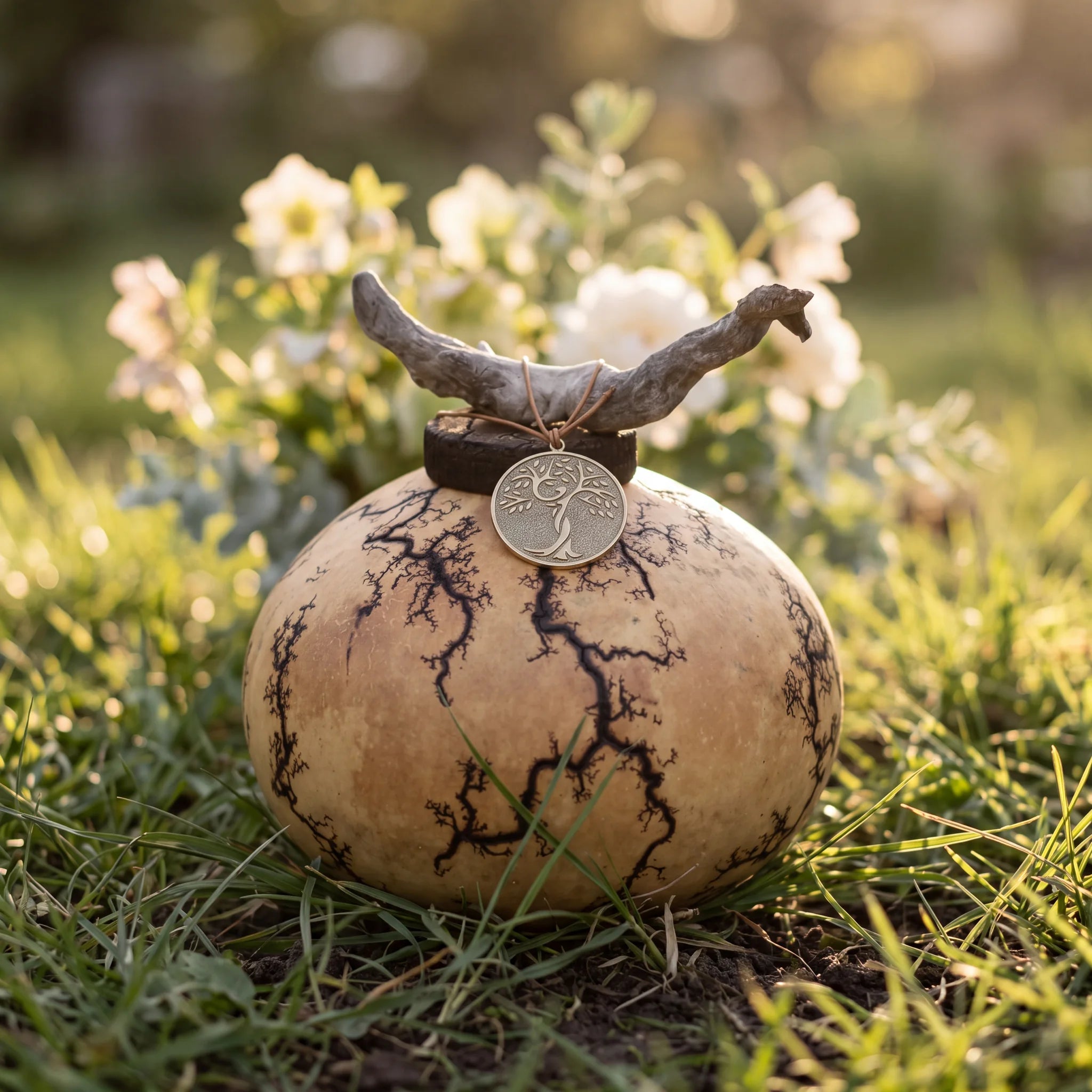 Gourd-Biodegradable-Urn-for-Ashes-with-Bronze-Memorial-Medallion-Small-In-the-Garden