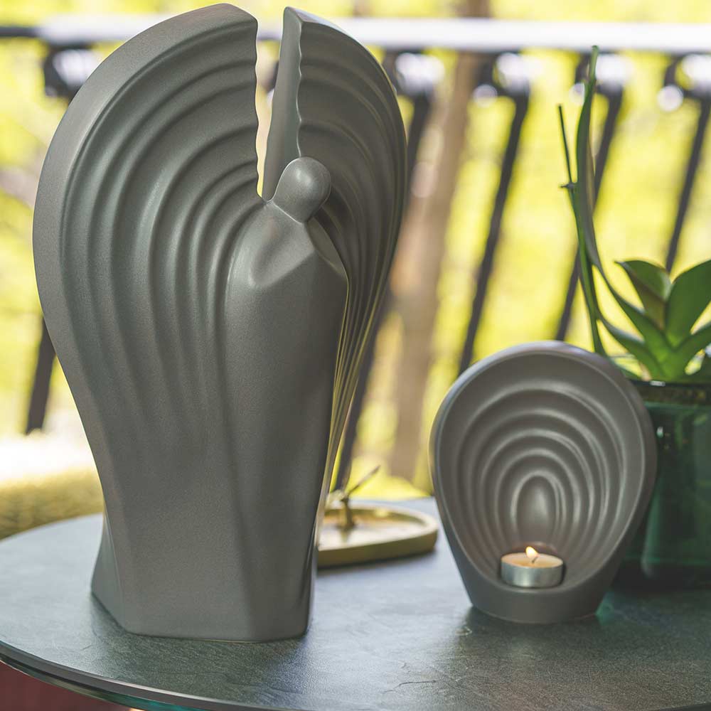Guardian Angel Small Urn for Ashes in Matte Grey On Table