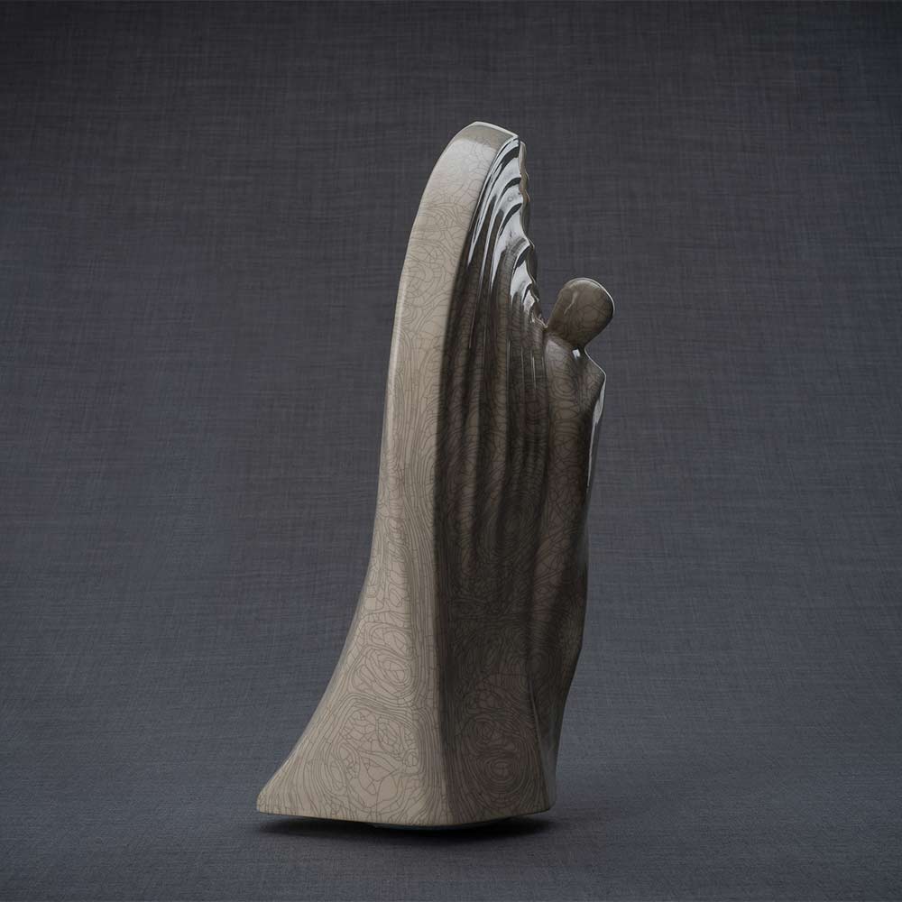 Guardian Cremation Urn for Ashes in Crackle Glaze Facing Right Grey Background