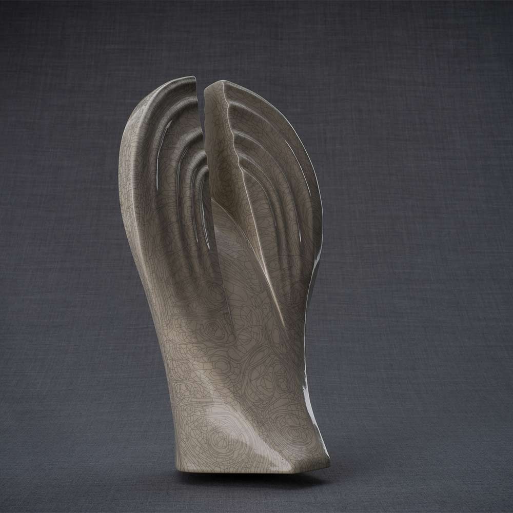 Guardian Cremation Urn for Ashes in Crackle Glaze Turned Back Left Grey Background