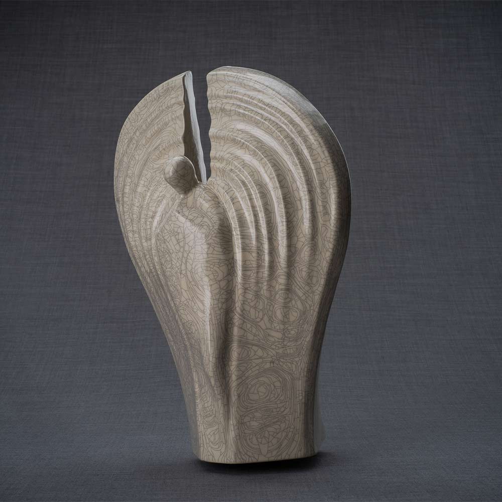 Guardian Cremation Urn for Ashes in Crackle Glaze Turned Left Grey Background