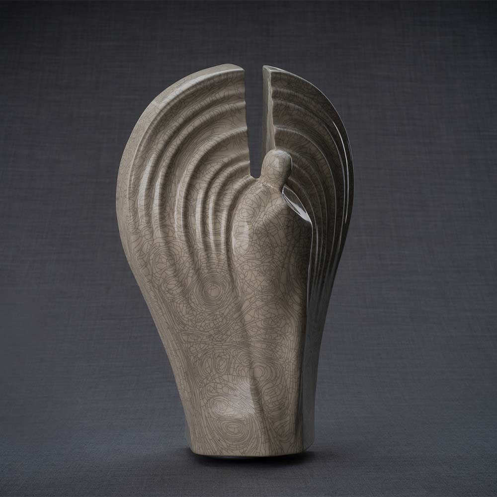 Guardian Cremation Urn for Ashes in Crackle Glaze Turned Right Grey Background