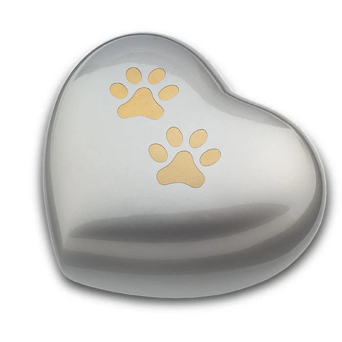 Heart Pawprints Pet Urn for Ashes in Gold & Silver