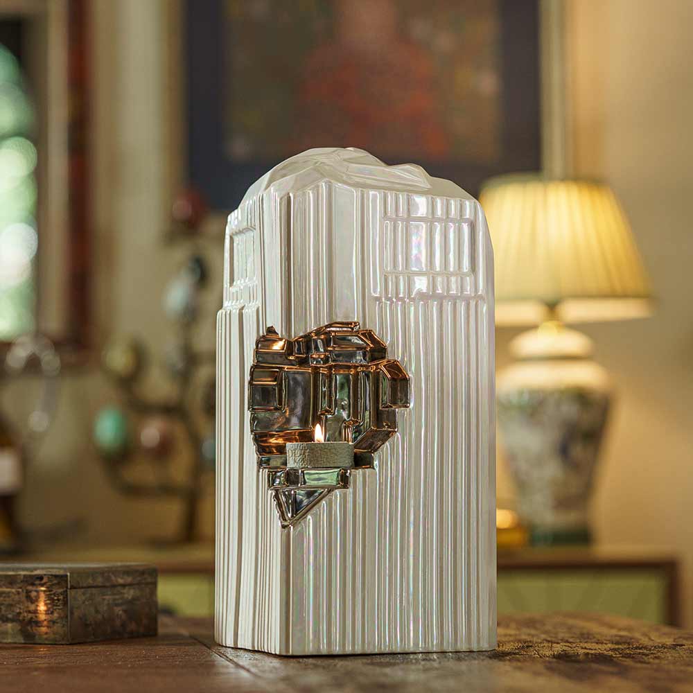 Heart Adult Cremation Urn for Ashes in Pearlescent White and Platinum Facing Front Left