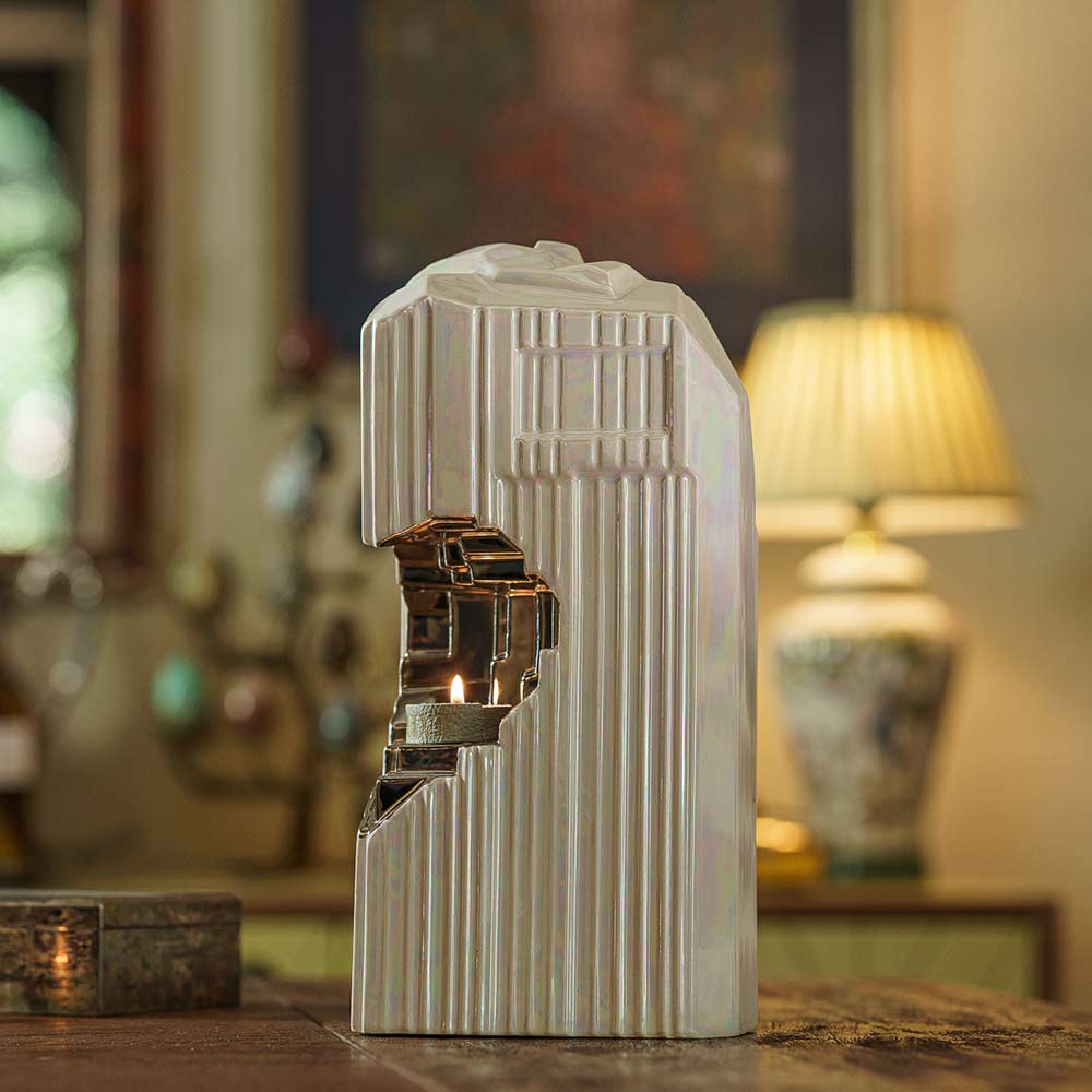 Heart Adult Cremation Urn for Ashes in Pearlescent White and Platinum Facing Left
