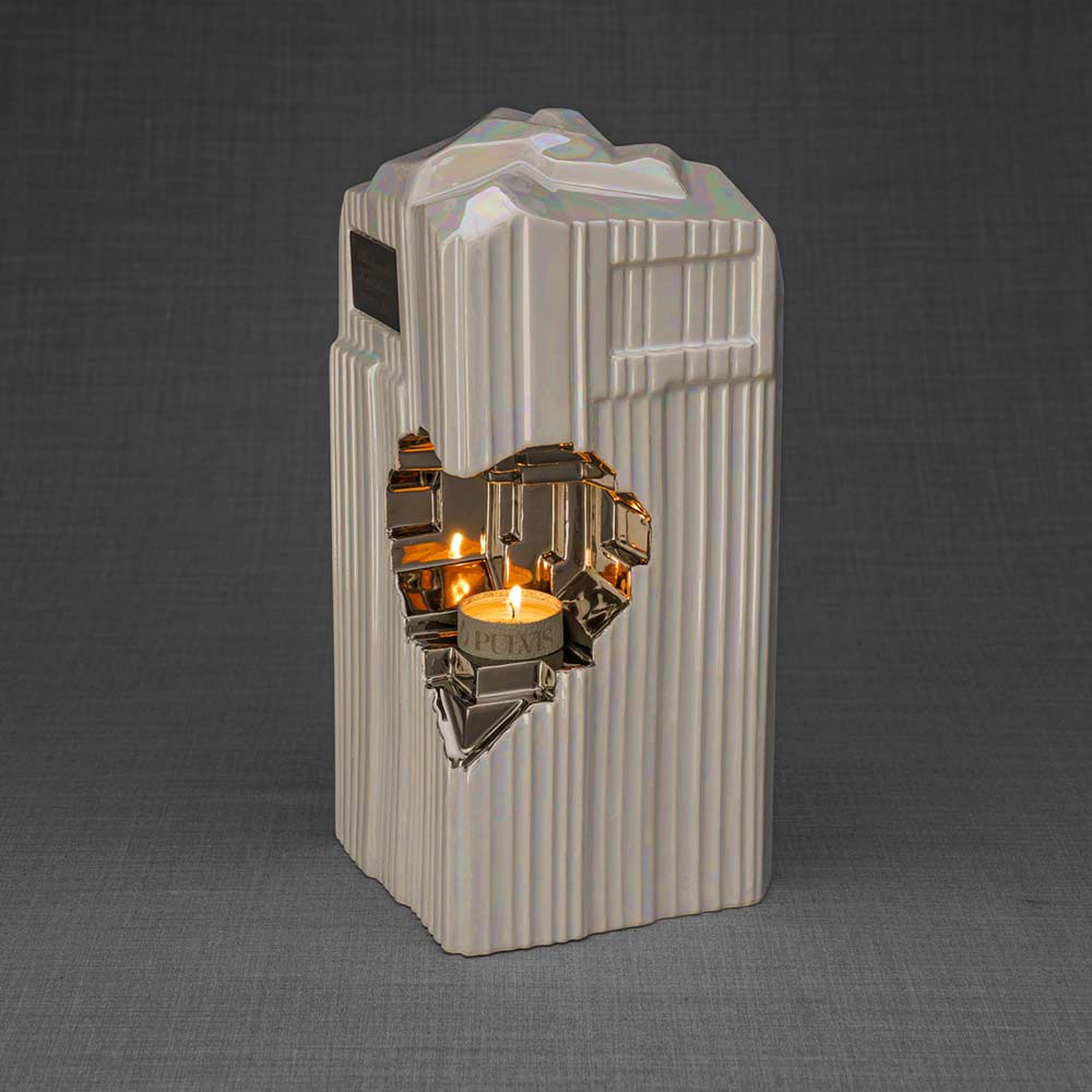 Heart Adult Cremation Urn for Ashes in Pearlescent White and Platinum Left