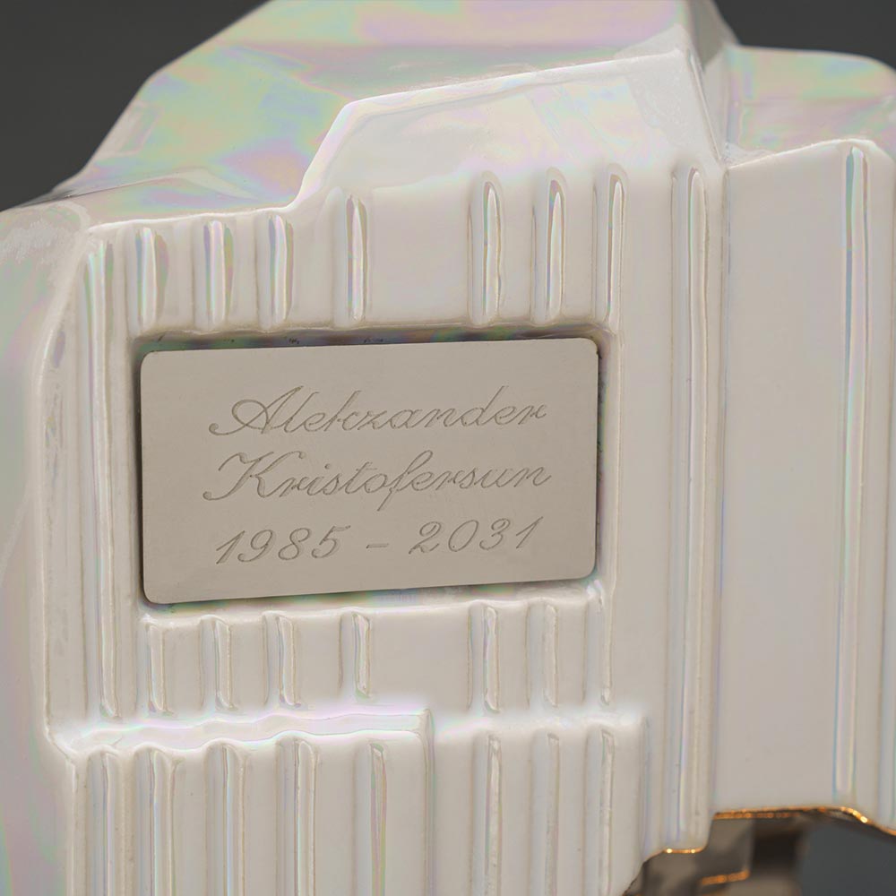 Heart Adult Cremation Urn for Ashes in Pearlescent White and Platinum Name Plaque