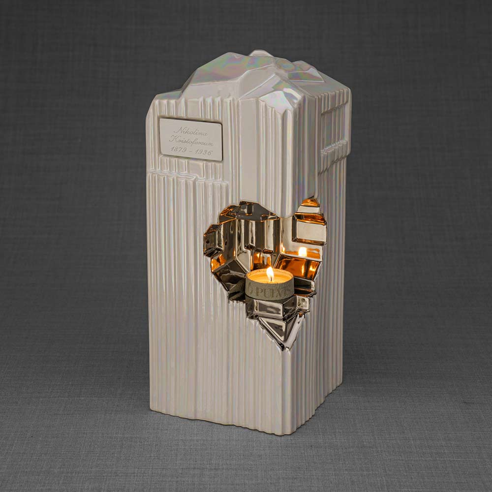 Heart Adult Cremation Urn for Ashes in Pearlescent White and Platinum Right