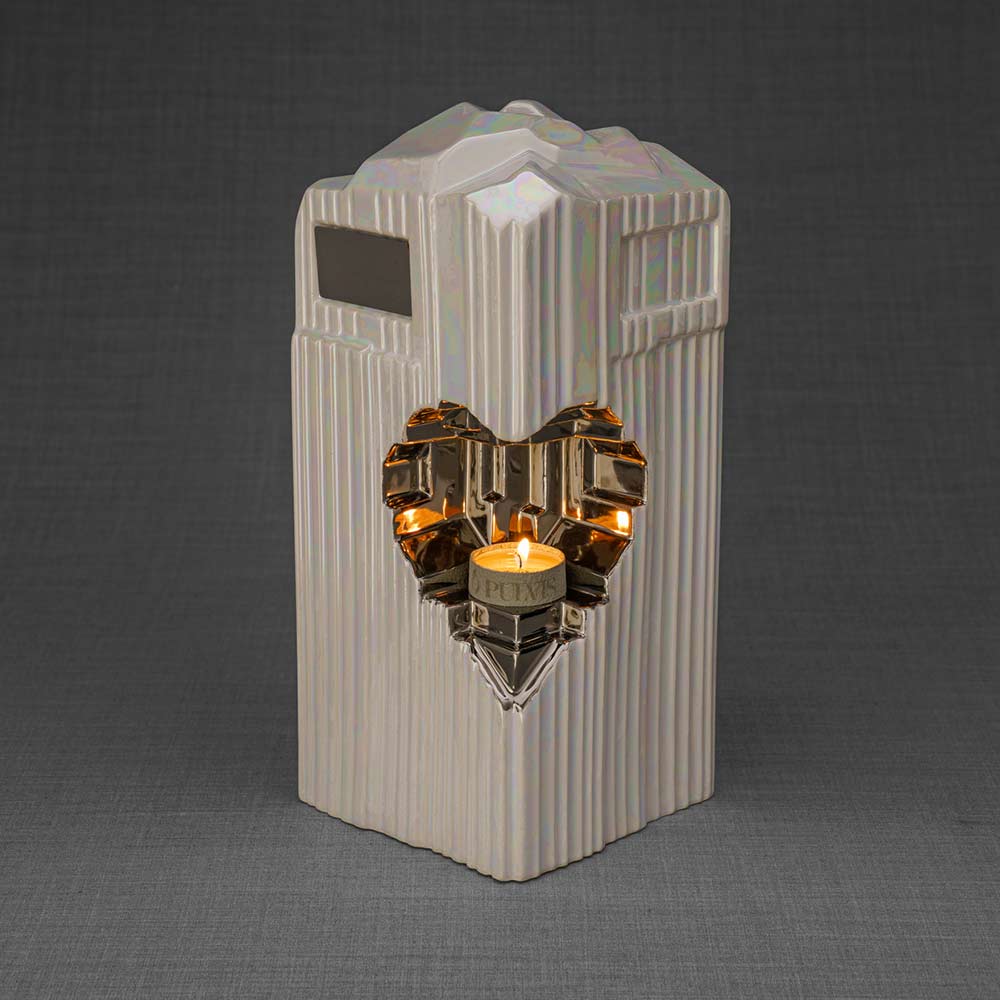 Heart Adult Cremation Urn for Ashes in Pearlescent White and Platinum