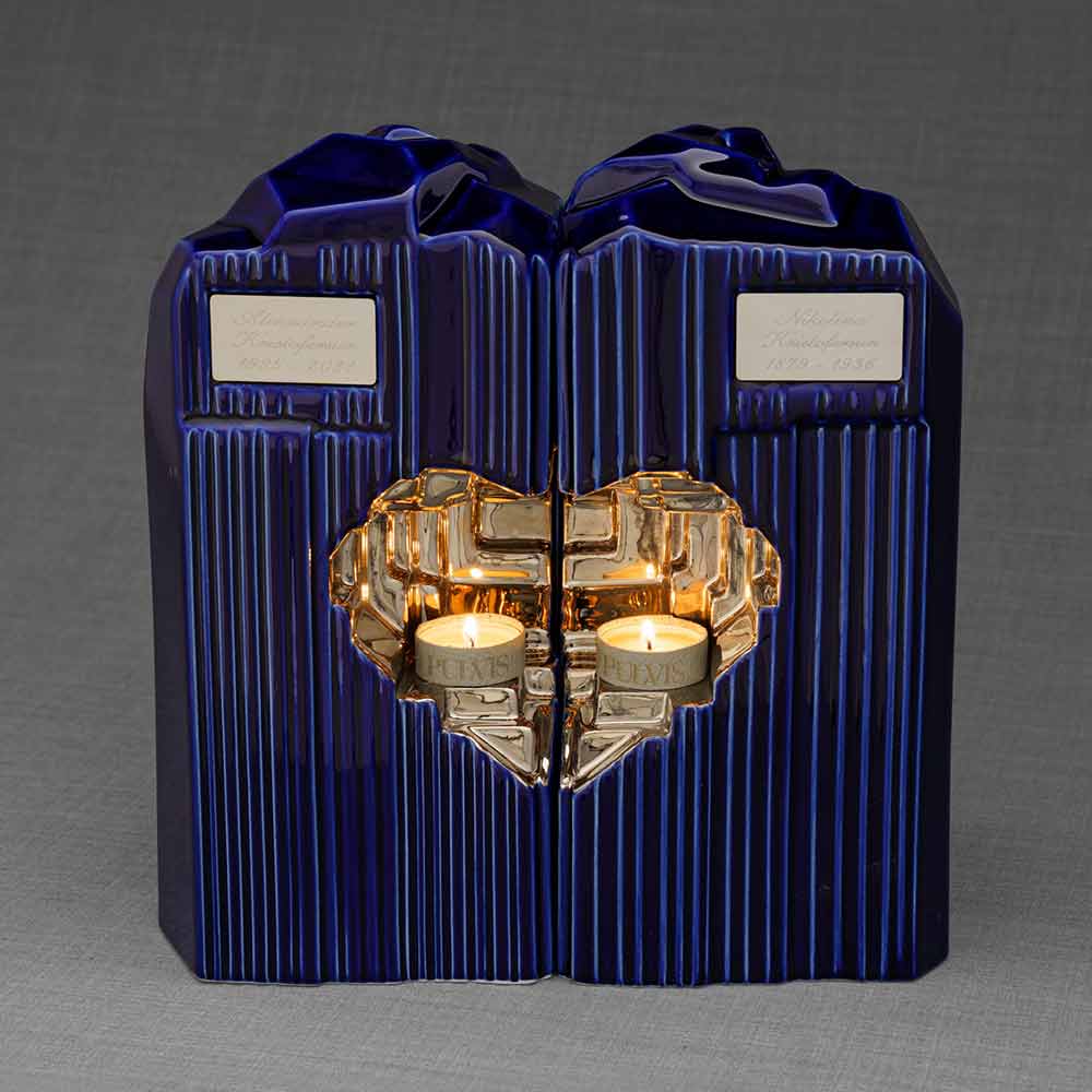 Heart Companion Urns for Two Adults in Metallic Blue and Platinum