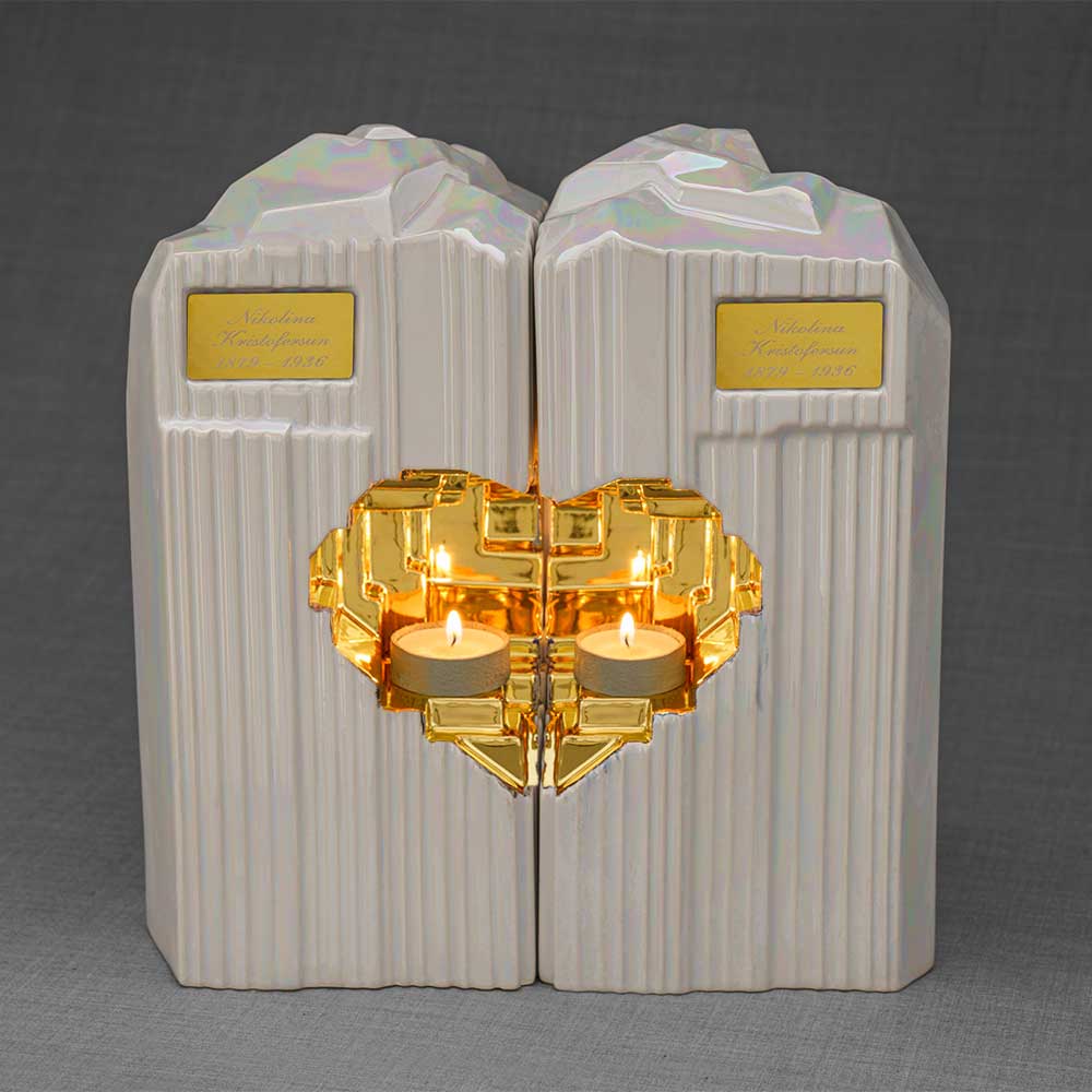 Heart Companion Urns for Two Adults in Pearlescent White and Gold