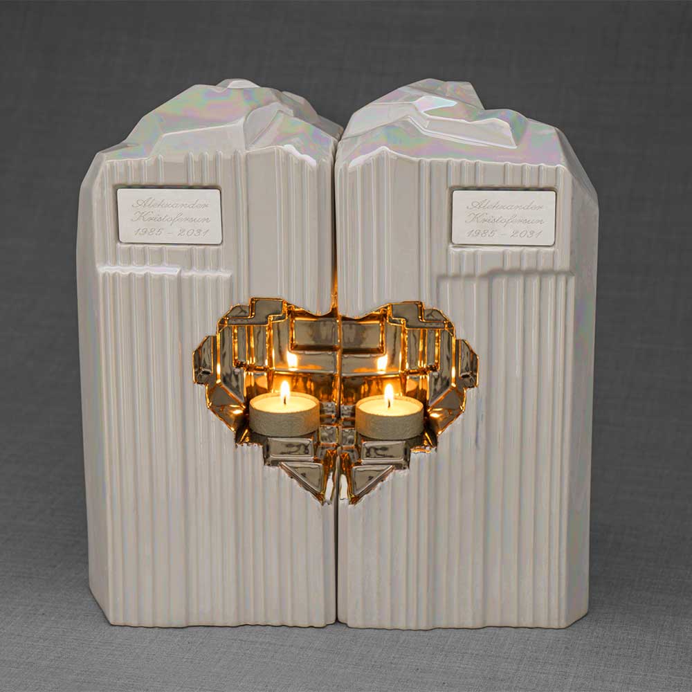 Heart Companion Urns for Two Adults in Pearlescent White and Platinum