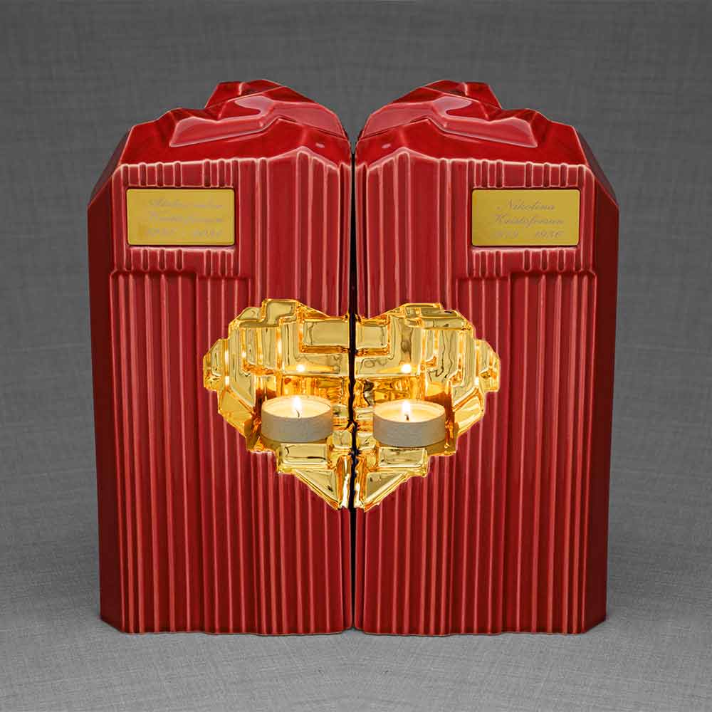 Heart Companion Urns for Two Adults in Red and Gold