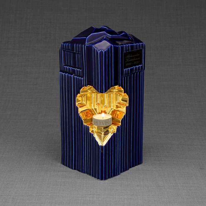Heart Cremation Urn for Ashes Metallic Blue and Gold Front View Candle Light