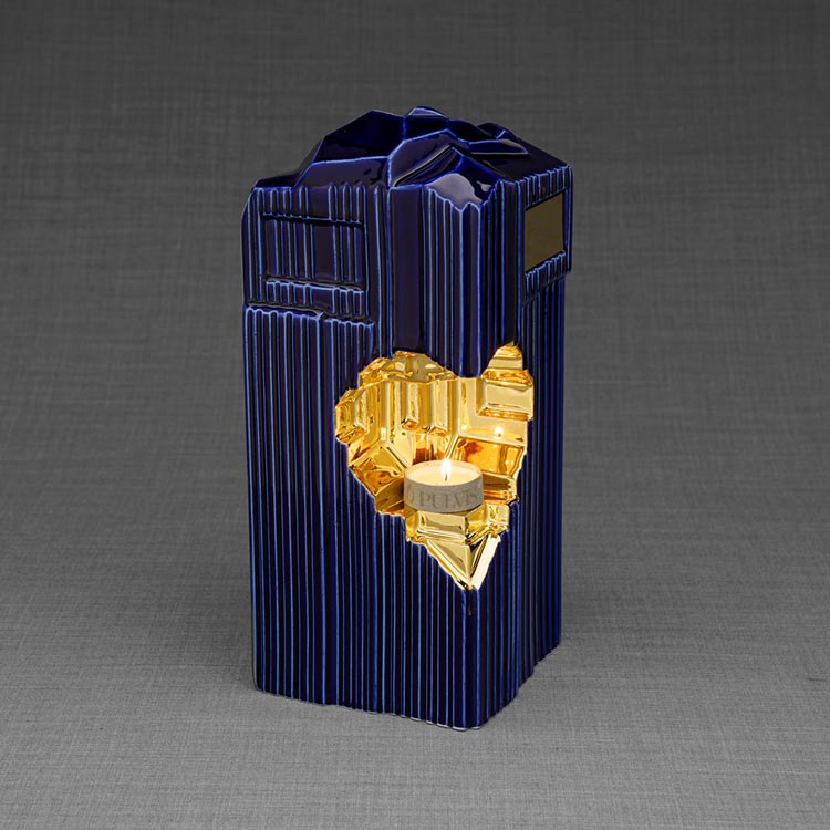 Heart Cremation Urn for Ashes Metallic Blue and Gold Left View Candle Light